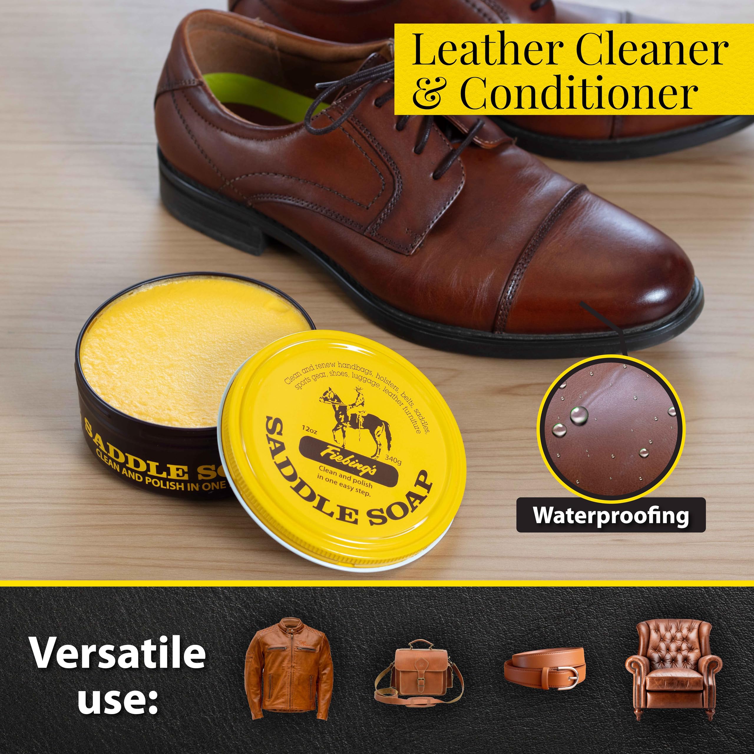 Fiebing's Yellow Saddle Soap for Leather (2 Pack, 12 oz Each) - Premium Leather Cleaner & Conditioner to Soften, Protect & Restore Leather Items - Ideal for Car Seats, Couches, Shoes, Boots, Bags & Purses - Perfect for Leathercraft, Auto Detailing & Home Care