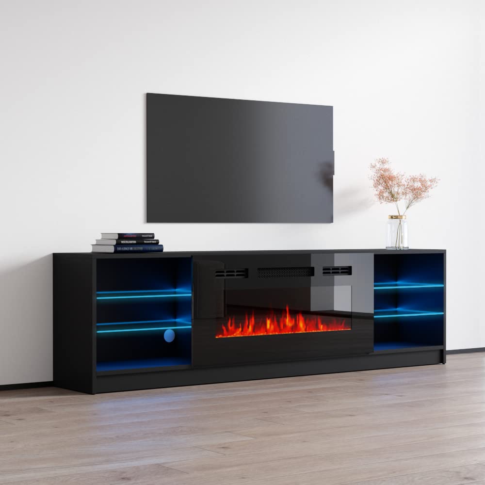 Modern High Gloss TV Stand with Electric Fireplace & LED Lights - 90