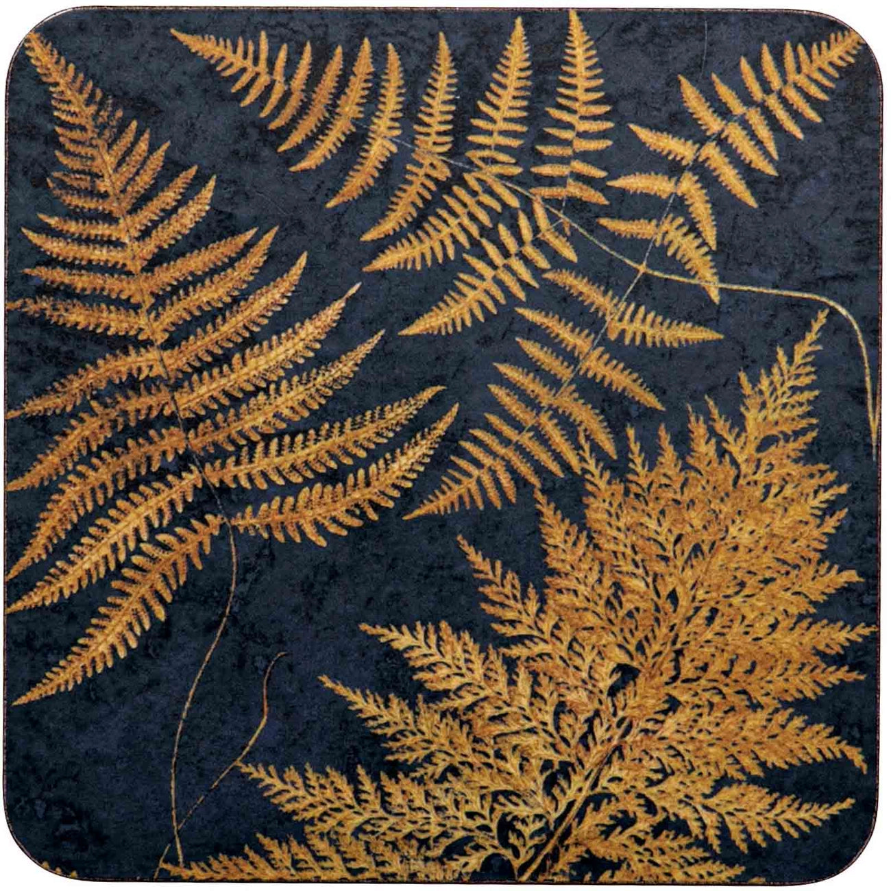 Navy Blue Gilded Ferns Square Coasters Set of 4 - Elegant Drink Coasters for Home, Office, and Party Use - Perfect for Coffee, Wine, and Cocktail Glasses