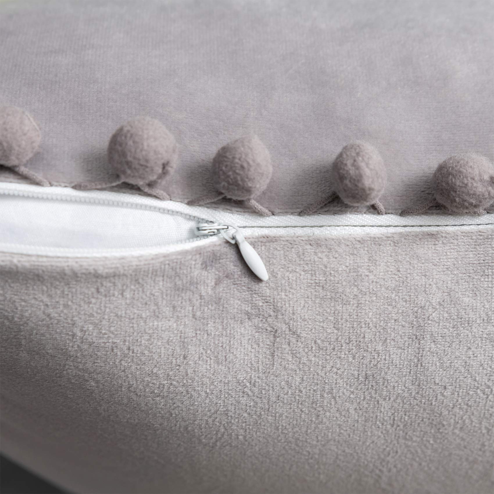 Luxury Grey Velvet Throw Pillow Covers 16x16 Inches with Decorative Pom-Poms - Soft Solid Cushion Covers for Sofa, Couch, Bedroom & Car Decor (Set of 2) - Perfect for Home Styling, Cozy Living Room & Comfortable Travel Accessories