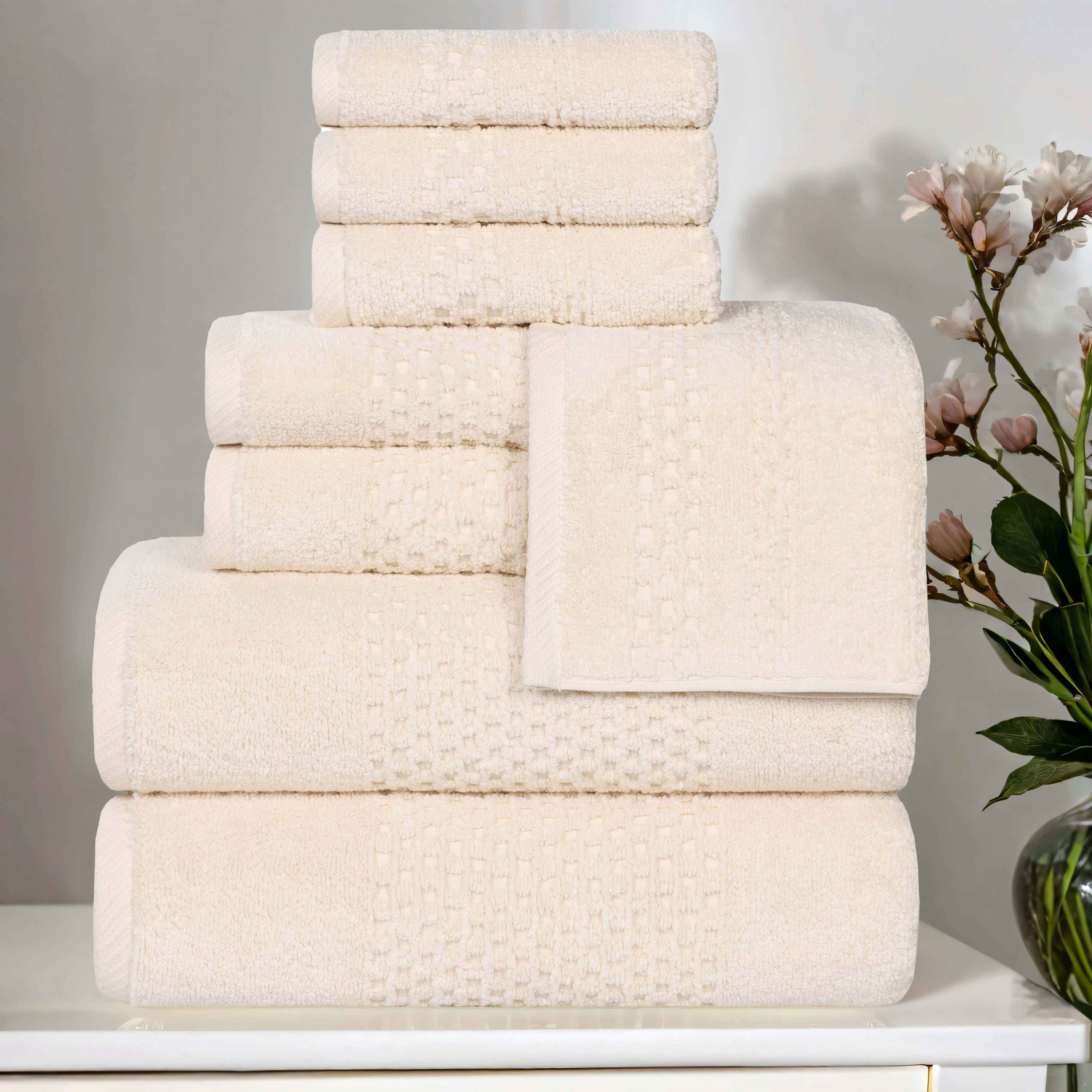 Playa Zero Twist Cotton Solid Waffle Textured 8-Piece Bath Towel Set | Soft & Absorbent | Perfect for Beach, Pool, Spa & Home Use