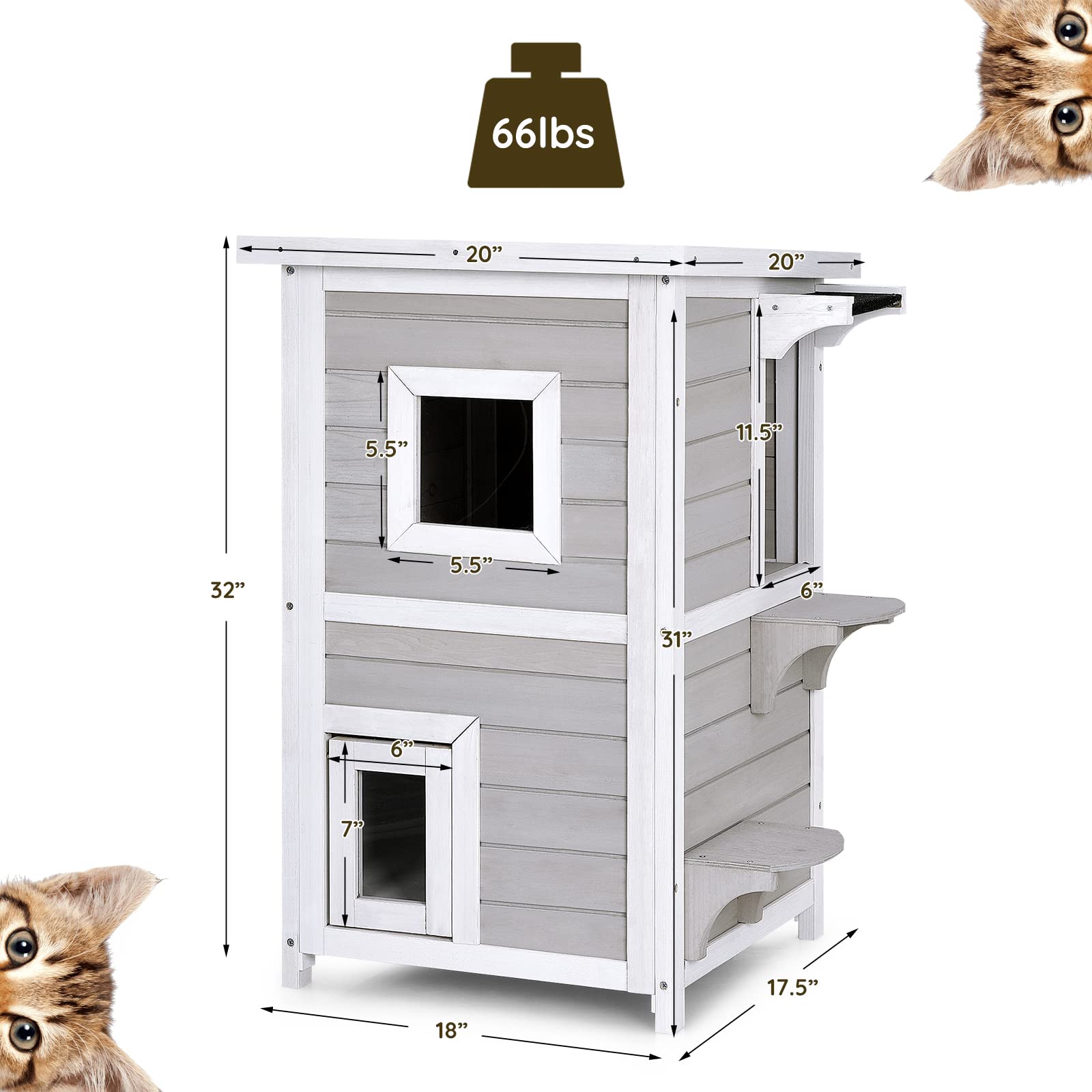 Weatherproof Wooden Outdoor Cat House - 2-Story Feral Cat Shelter with Removable Roof | Durable Pet Shelter for Backyard, Garden & Patio Use