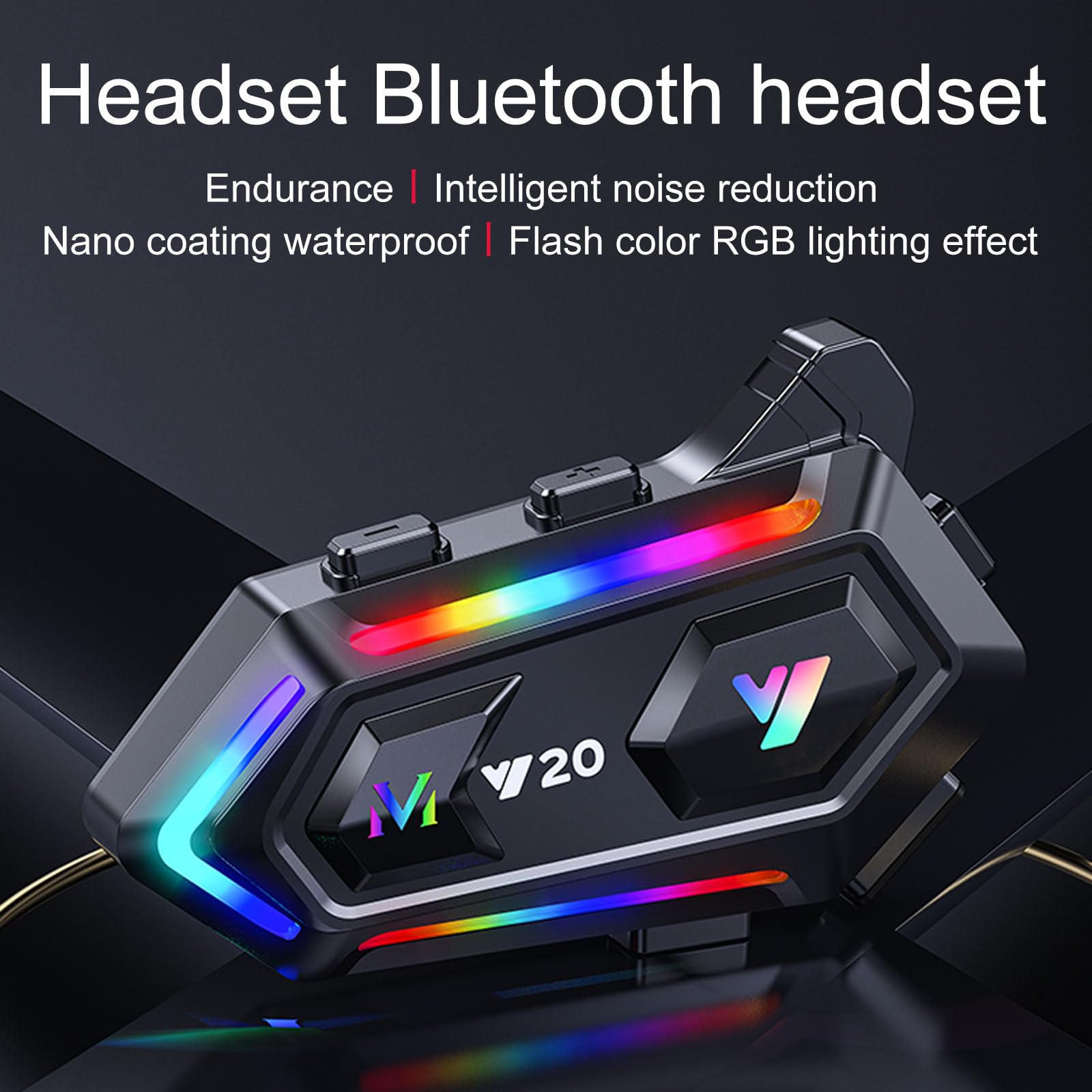 Y20 Motorcycle Helmet Bluetooth Headset with RGB Lighting - Bluetooth 5.3, Smart Noise Cancelling, HiFi Sound, IPX6 Waterproof - Universal Fit for All Helmets - Perfect for Night Riding & Group Communication