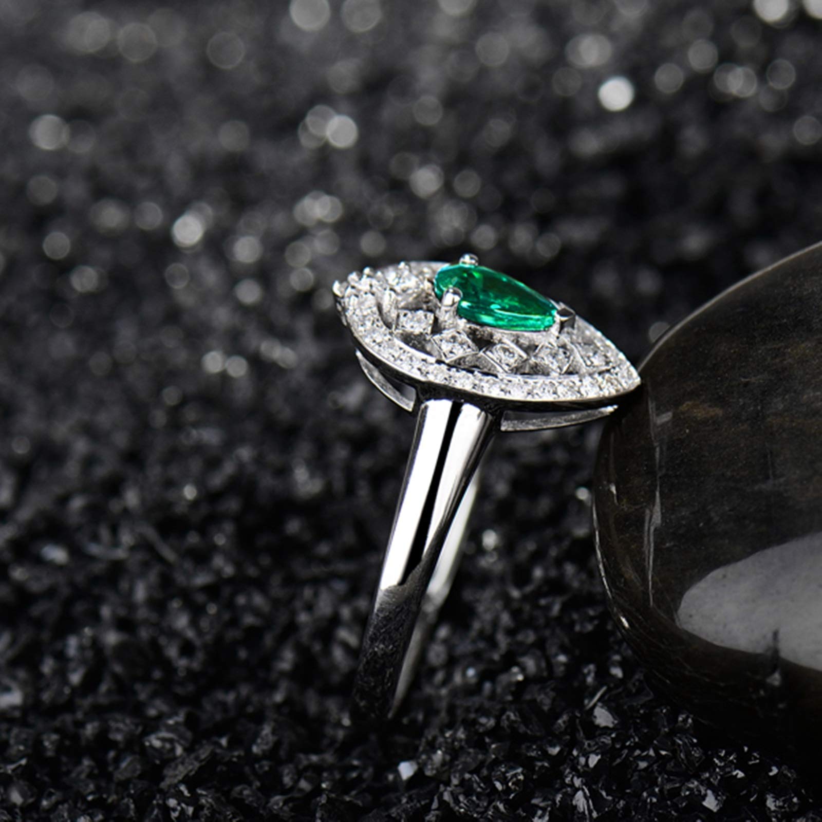18K White Gold Pear Emerald Ring for Women - 0.4CT 3 Prong Hollow Anniversary Band | Elegant Birthday & Valentine's Day Gift for Her | Perfect for Weddings, Engagements & Special Occasions