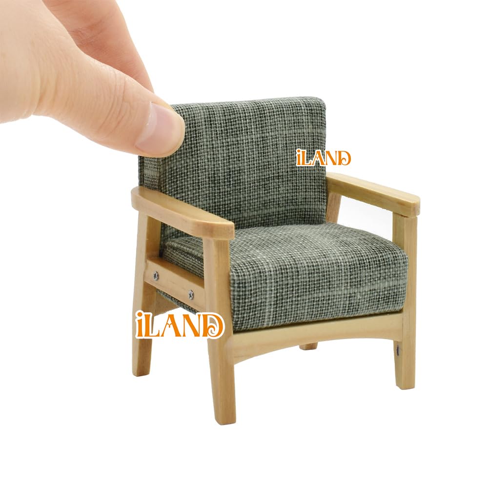 1/12 Scale Dollhouse Couch & Miniature Sofa Set with Houndstooth Cushions - Grey Green Doll Furniture for Living Room Decor | Perfect for DIY Dollhouse Projects & Collectible Displays