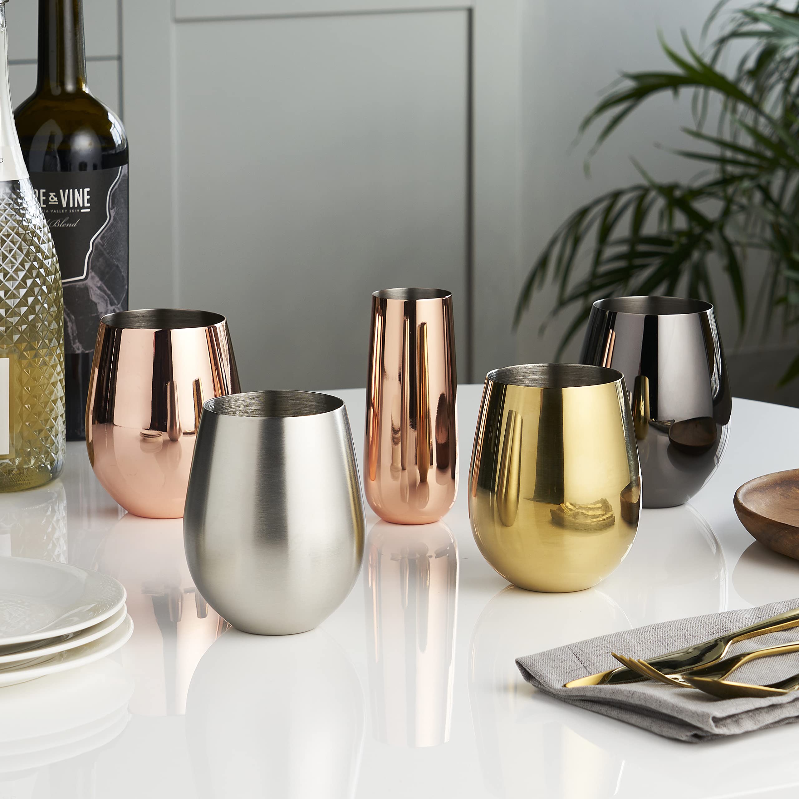 Viski Gold Stemless Wine Glasses Set of 2 - Elegant Belmont Crystal-Free Tumbler for Red Wine, White Wine & Cocktails - Perfect for Dinner Parties, Weddings & Home Entertaining