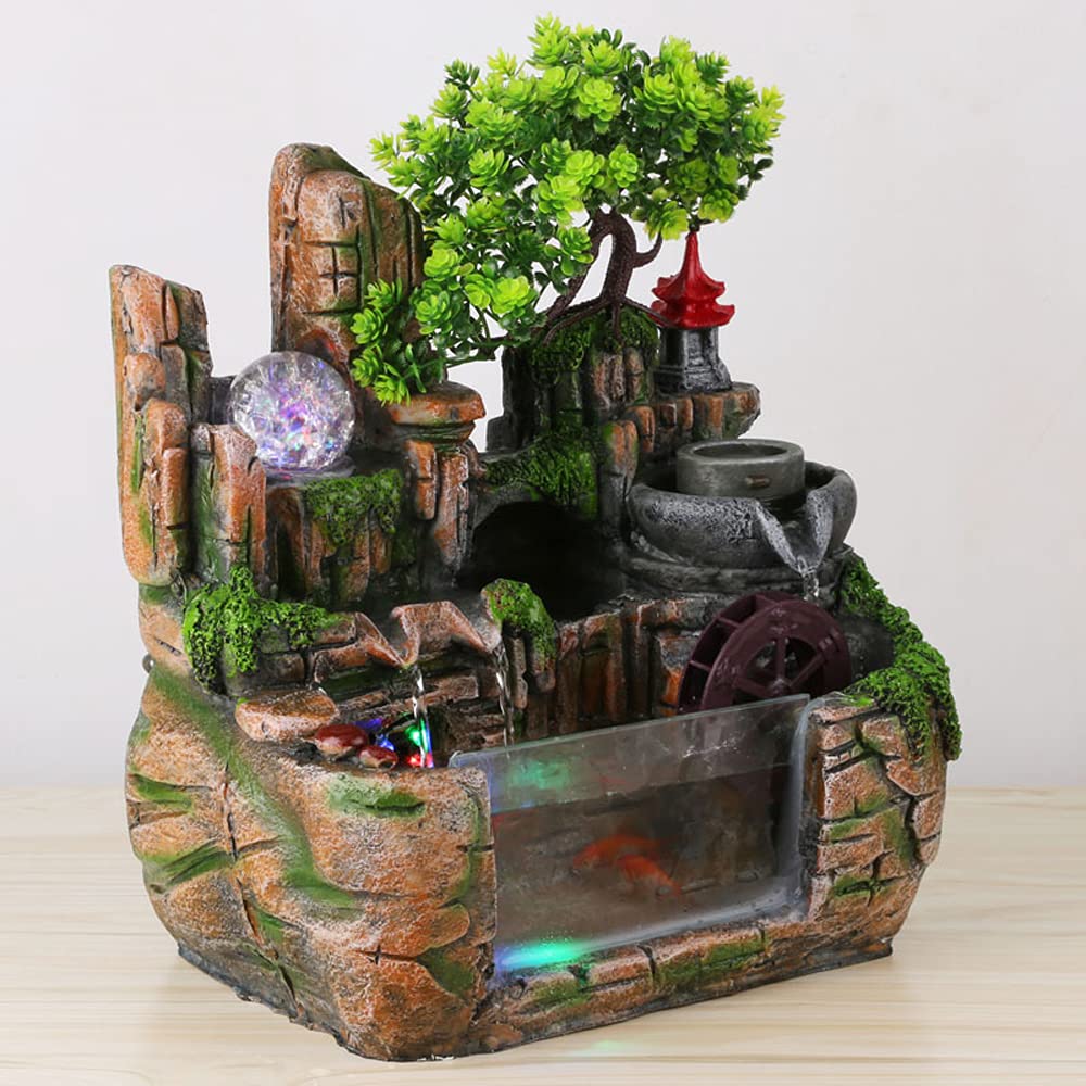Mini Tabletop Fountain - Indoor Water Fountain with Resin Rockery & Bonsai Design, Perfect for Home Office Desk, Bedroom Decor, Zen Relaxation & Gift Giving