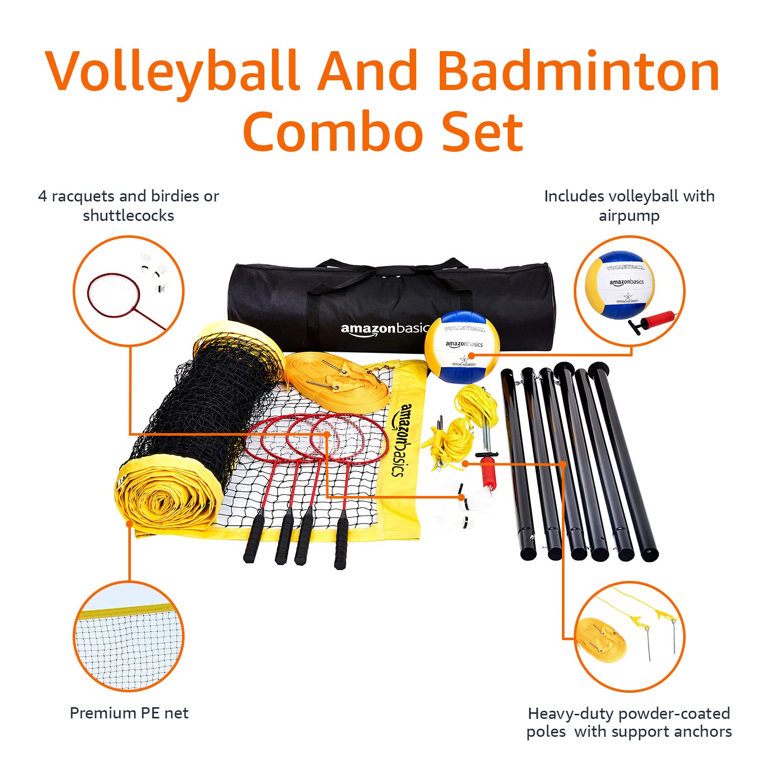 Amazon Basics Outdoor Volleyball and Badminton Combo Set with Net, Poles & Accessories - Perfect for Beach, Backyard, Park & Family Fun Activities