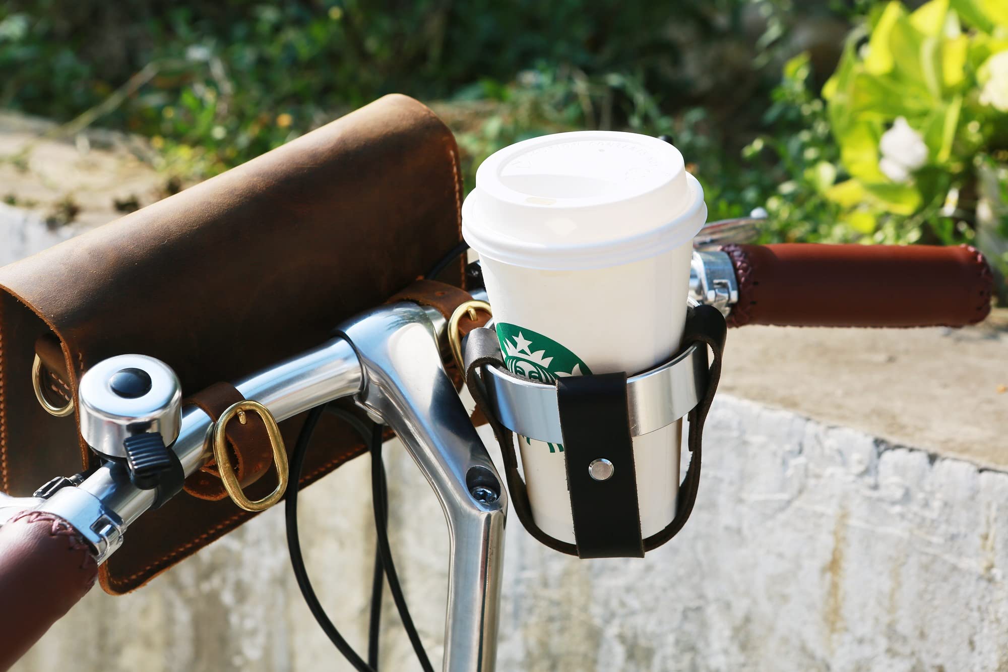 Black & Brown Leather Bicycle Cup Holder - Handlebar Coffee Mug Holder for Cycling, Commuting & Outdoor Adventures - X07-LBHCH (Shallow Version, Black) - Perfect for Coffee Lovers, Bike Commuters & Camping Trips