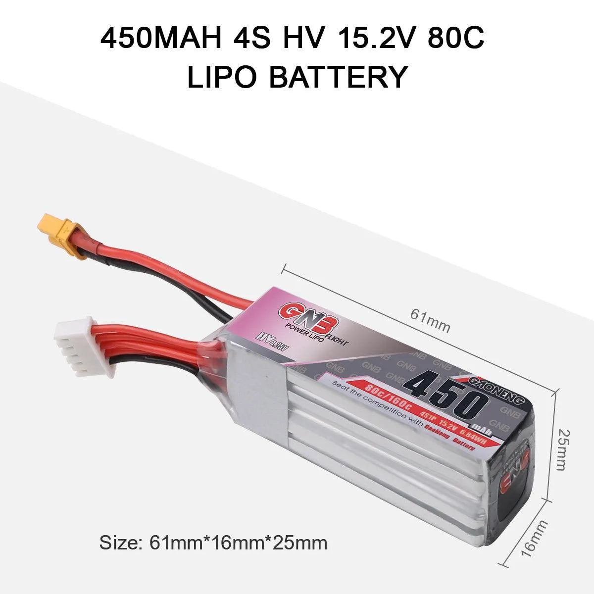 2PCS GNB 450mAh 3S HV 11.4V/4S HV 15.2V LiPo Battery 80C/160C with XT30 Plug - High Performance FPV Drone Battery for Beta85X, Tiny Whoop, and Racing Drones - Perfect for FPV Racing, Freestyle Flying, and Long Flight Time
