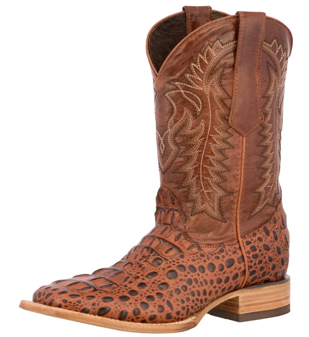 Texas Legacy Men's Cognac Western Cowboy Boots - Genuine Leather Square Toe with Crocodile Print - Perfect for Rodeo, Country Dancing & Western Fashion