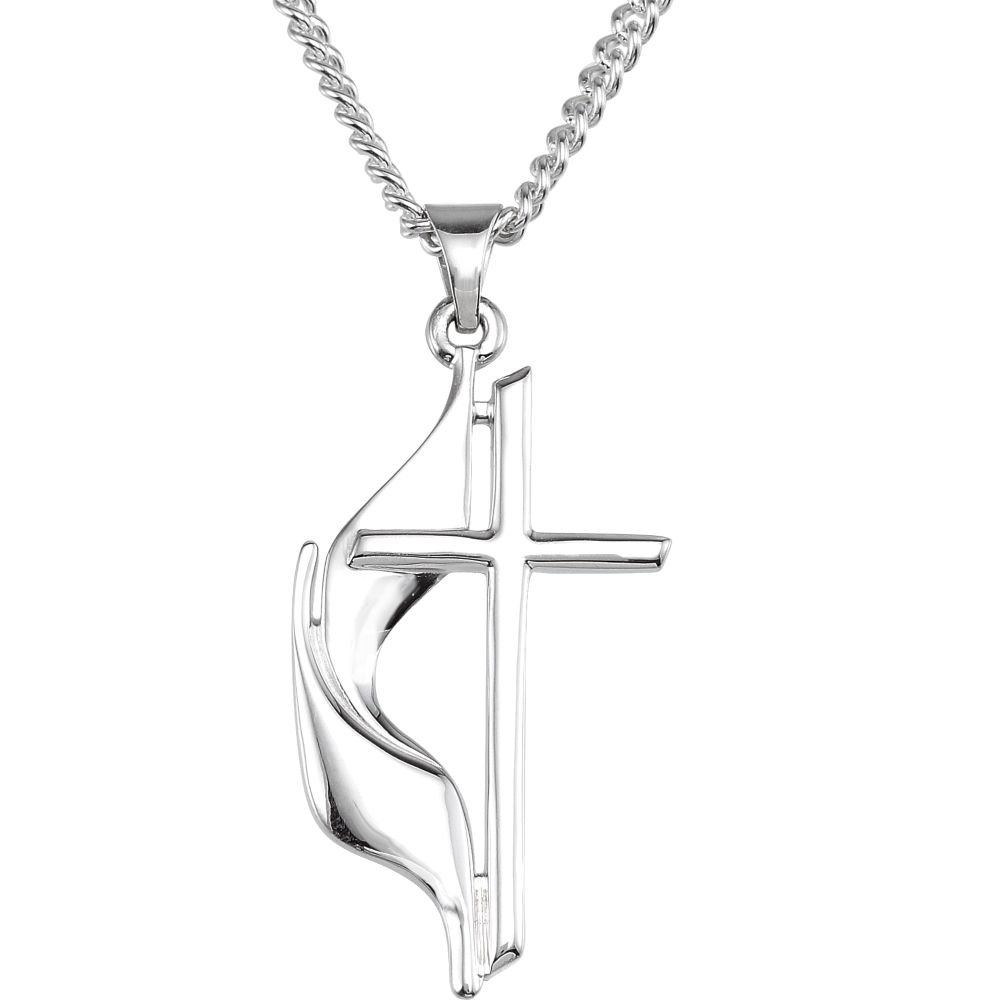 Sterling Silver Methodist Cross Pendant Necklace - 30X17.5mm Religious Jewelry with 24