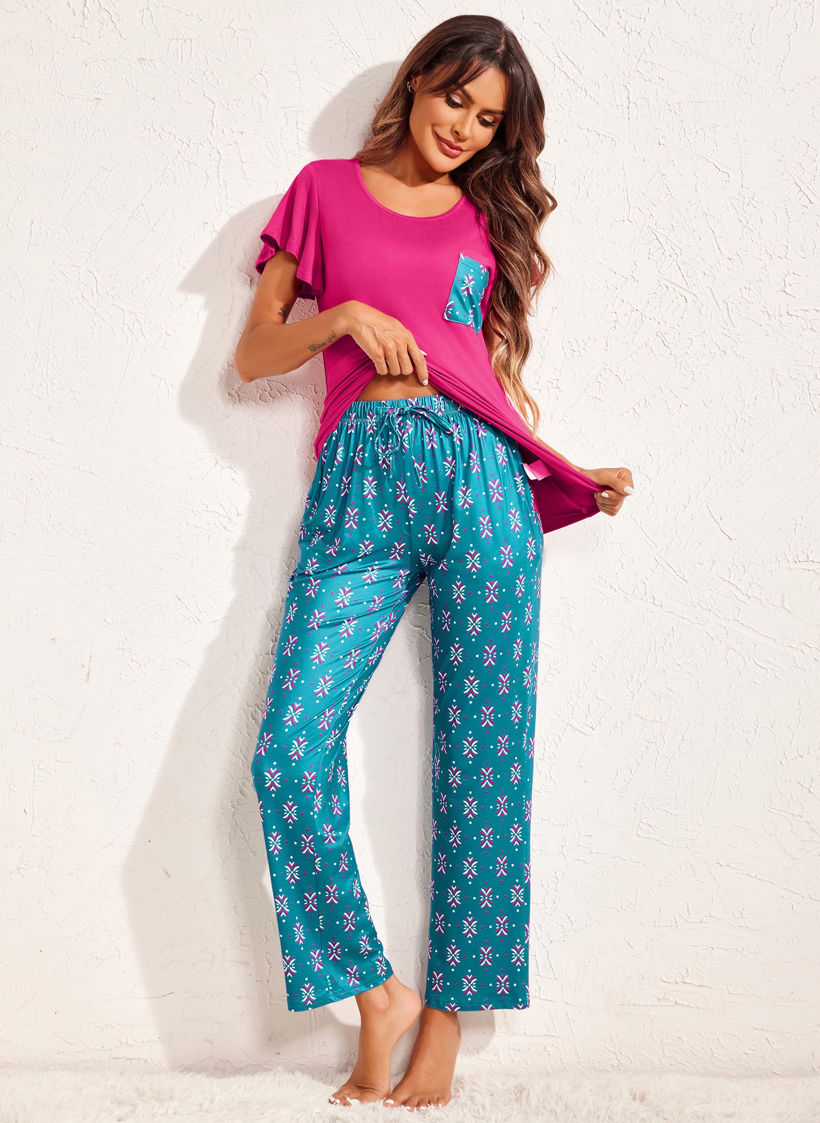 Ekouaer Women's 2-Pack Short Sleeve Pajama Set with Long Pants - Soft Printed Sleepwear & Lounge Pajamas with Pockets - Perfect for Sleeping, Relaxing at Home, and Travel Comfort