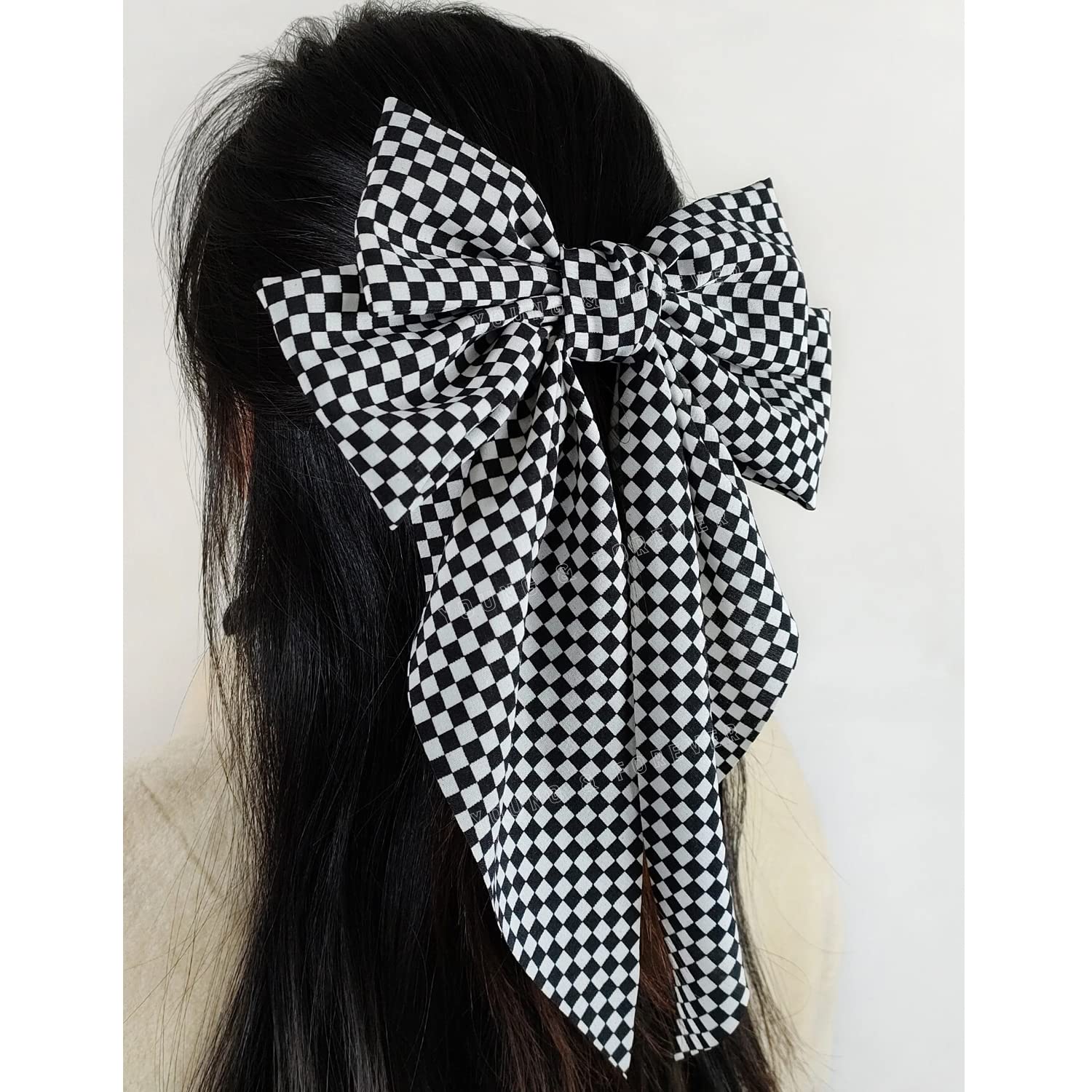 Young & Forever Large Checkered Monochrome Bow Hair Clips for Women - Black and White Hair Barrettes, Hair Accessories & Jewelry for Girls & Women | Perfect for School, Parties, Weddings & Everyday Styling