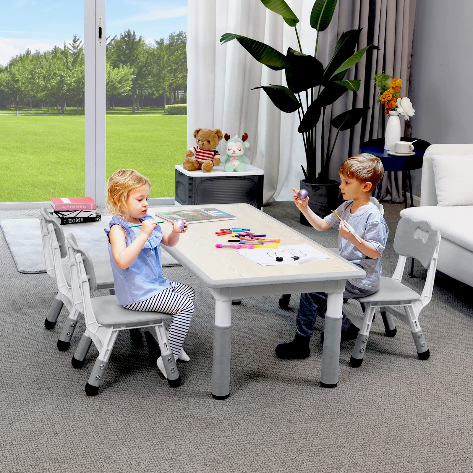 Arlopu Adjustable Height Kids Table and 4 Chair Set - Non-Slip Toddler Activity Table with Graffiti-Proof Desktop - Perfect for Reading, Arts & Crafts, Daycare, Classroom and Home Use (Grey)