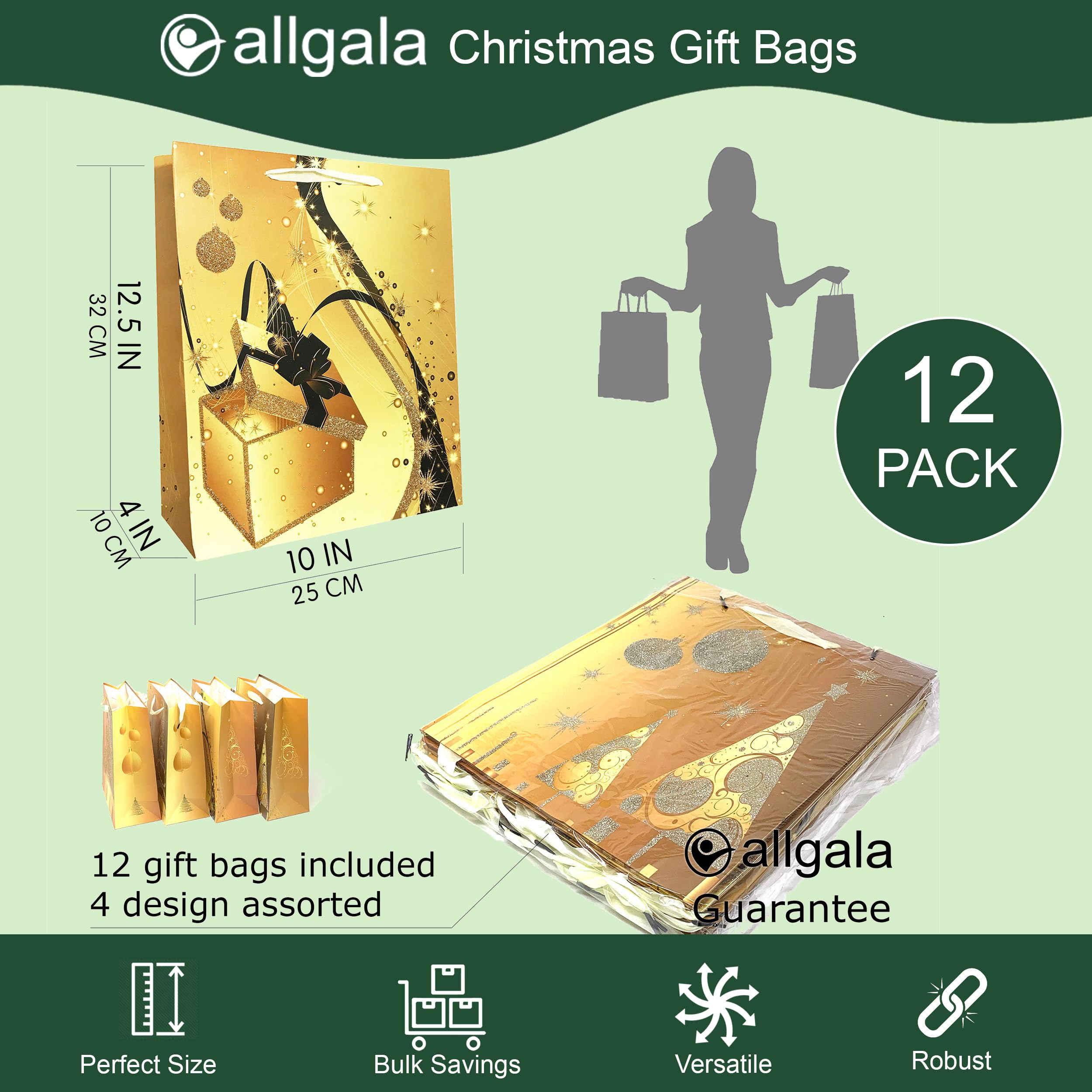 Allgala 12-Pack Premium Golden Christmas Gift Bags - 13 Inch Heavy Stock Paper Holiday Gift Bags with Festive Prints - Perfect for Christmas Party Favors, Holiday Gift Wrapping & Secret Santa Exchanges