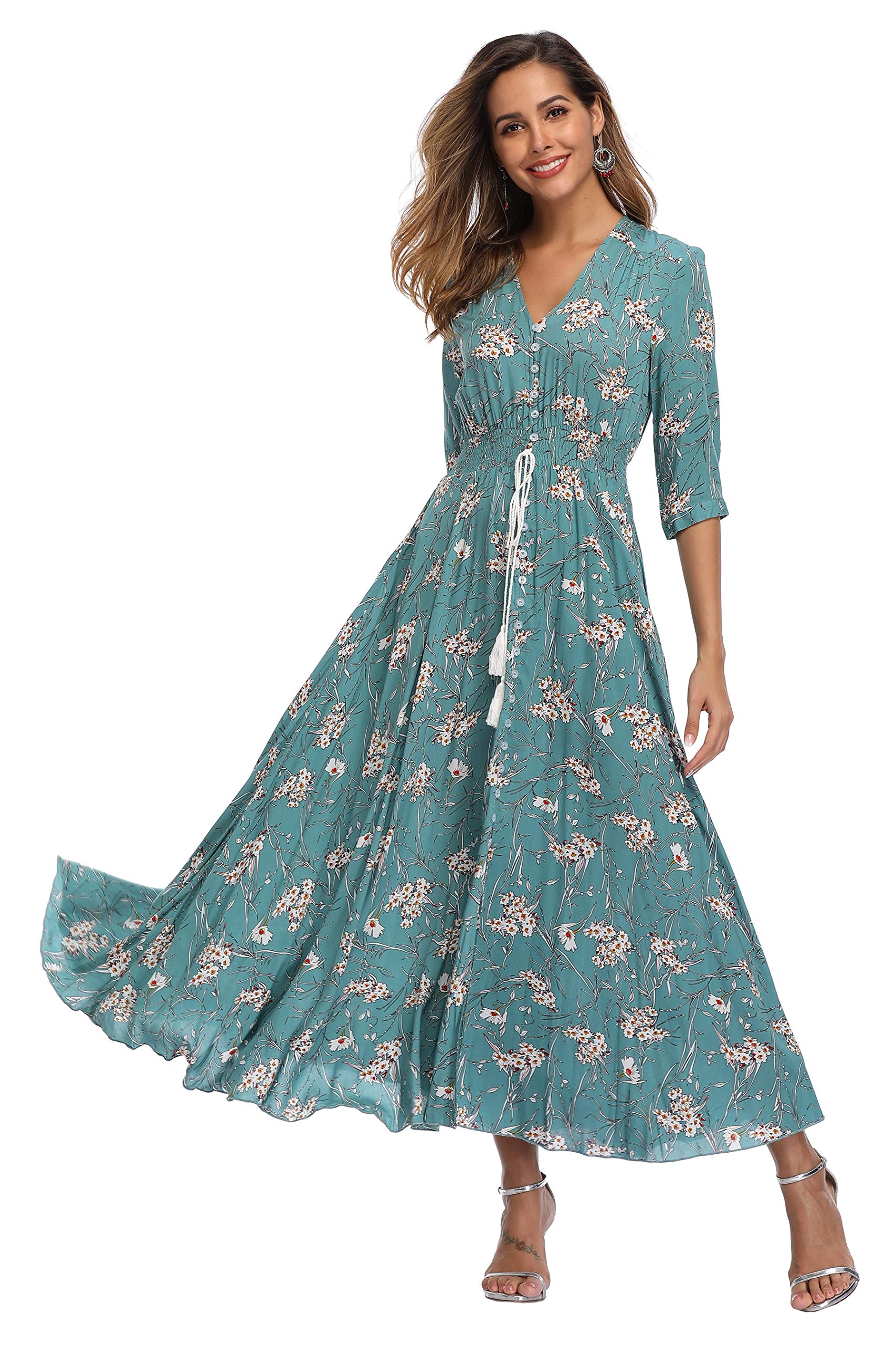 Vintage Floral Maxi Dresses for Women - Long Sleeve Boho Beach Dress with Flowy Silhouette | Perfect for Summer Vacations, Music Festivals & Boho Chic Outfits