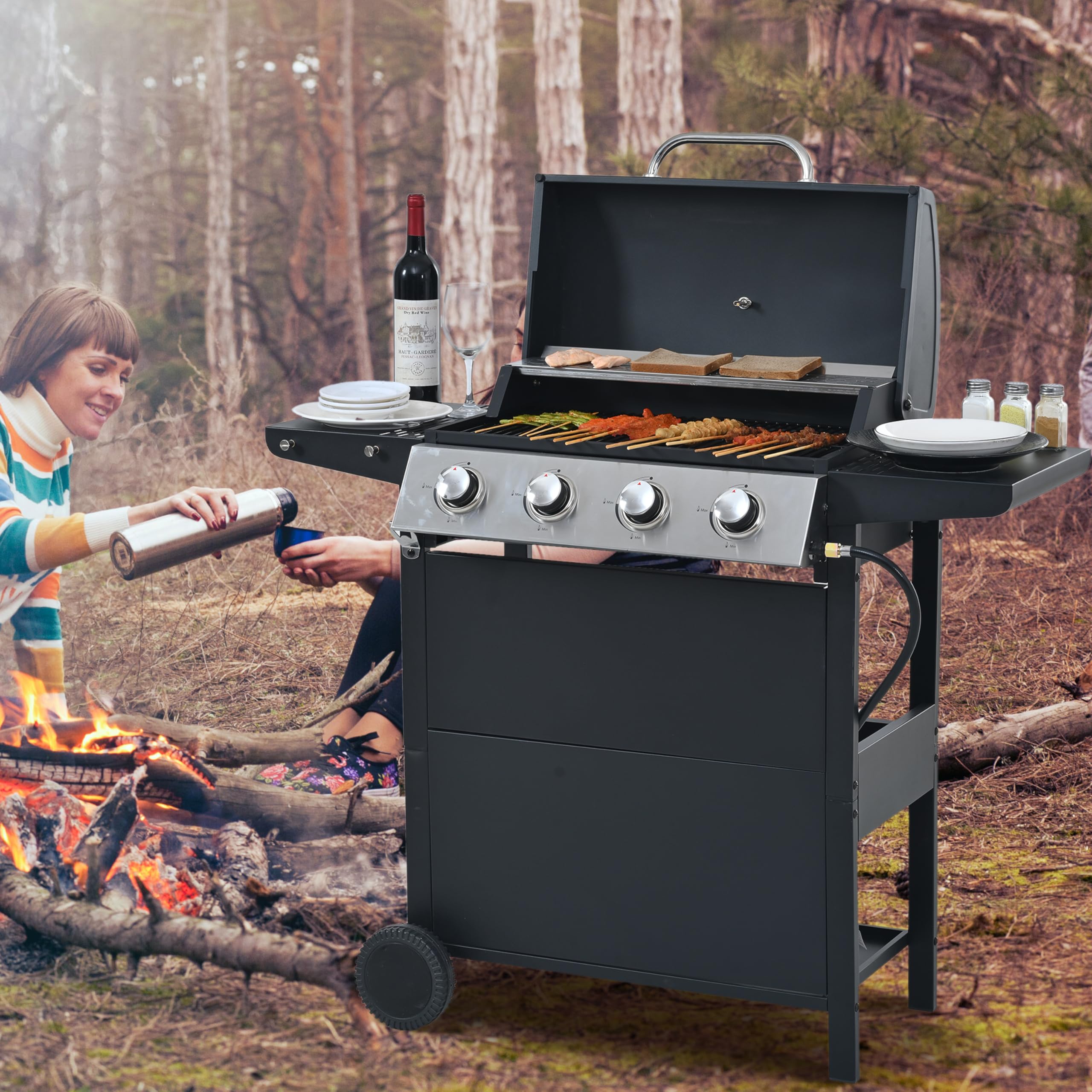 4 Burner Propane Gas Grill with Wheels - Heavy-Duty Stainless Steel Outdoor BBQ Grill for Backyard, Garden & Patio - Perfect for Family Gatherings, Camping & Tailgating Parties
