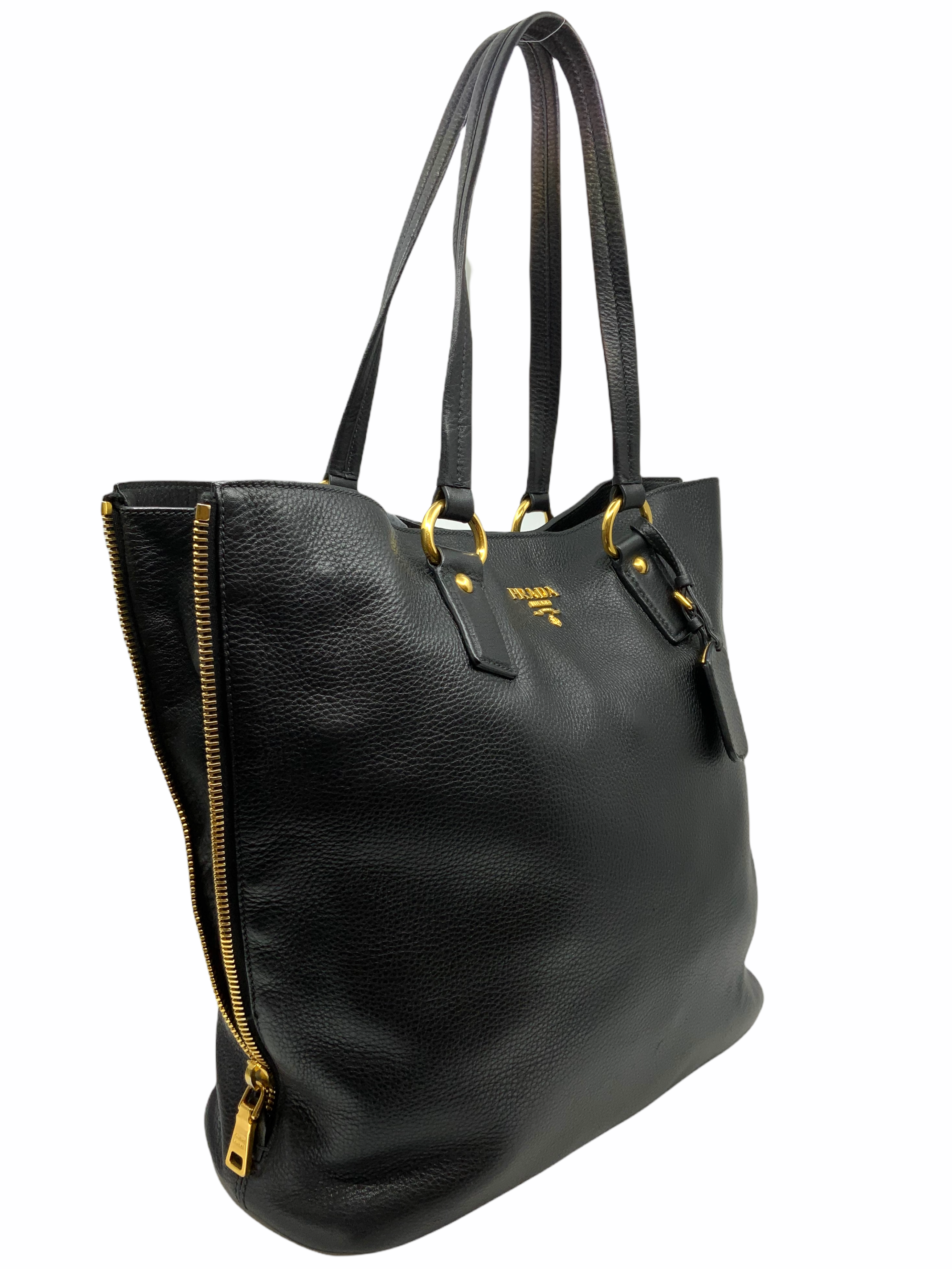 Prada Vitello Daino Leather Side Zip Tote Bag for Women - Luxury Designer Handbag with Zipper Closure - Perfect for Work, Travel & Everyday Use