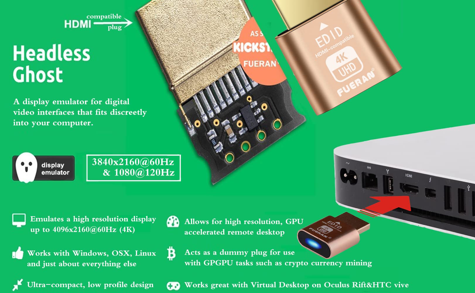 4K HDMI Dummy Plug - Headless Display Adapter & Virtual Monitor Emulator for Windows/Mac/Linux - Supports 4096x2160@60Hz, 3840x2160@60Hz, 2560x1440@60Hz - Plug & Play EDID Emulator (1 Pack) - Perfect for Remote Work, Mining Rigs, and Server Farms