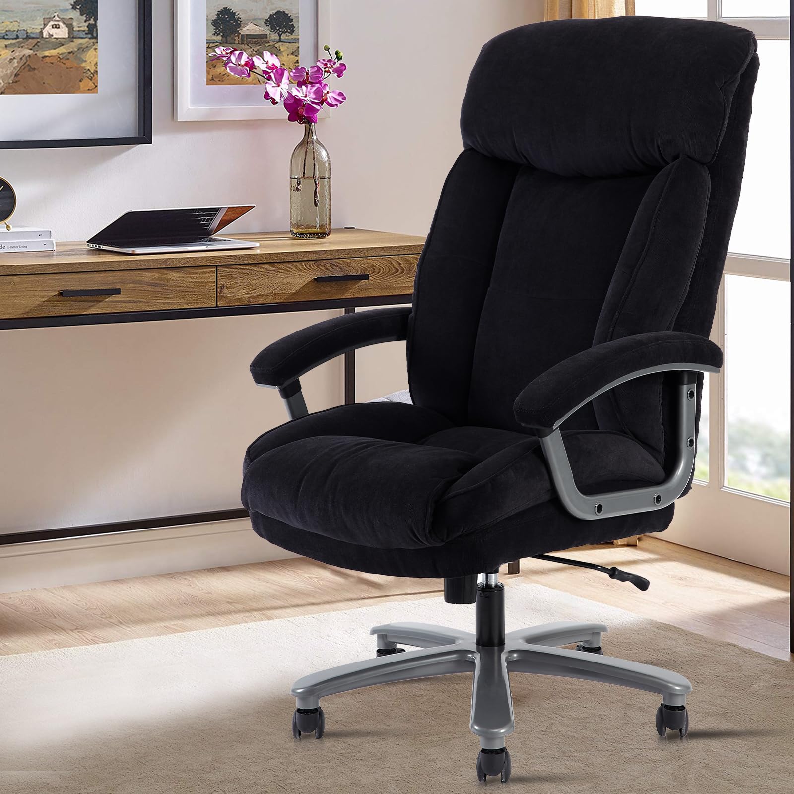 CLATINA Ergonomic Big and Tall Executive Office Chair - 400lbs High Capacity, Adjustable Height with Thick Padding, Headrest & Armrest - Upholstered Swivel Chair for Home Office (Black) - Perfect for Long Work Hours and Comfortable Workspaces