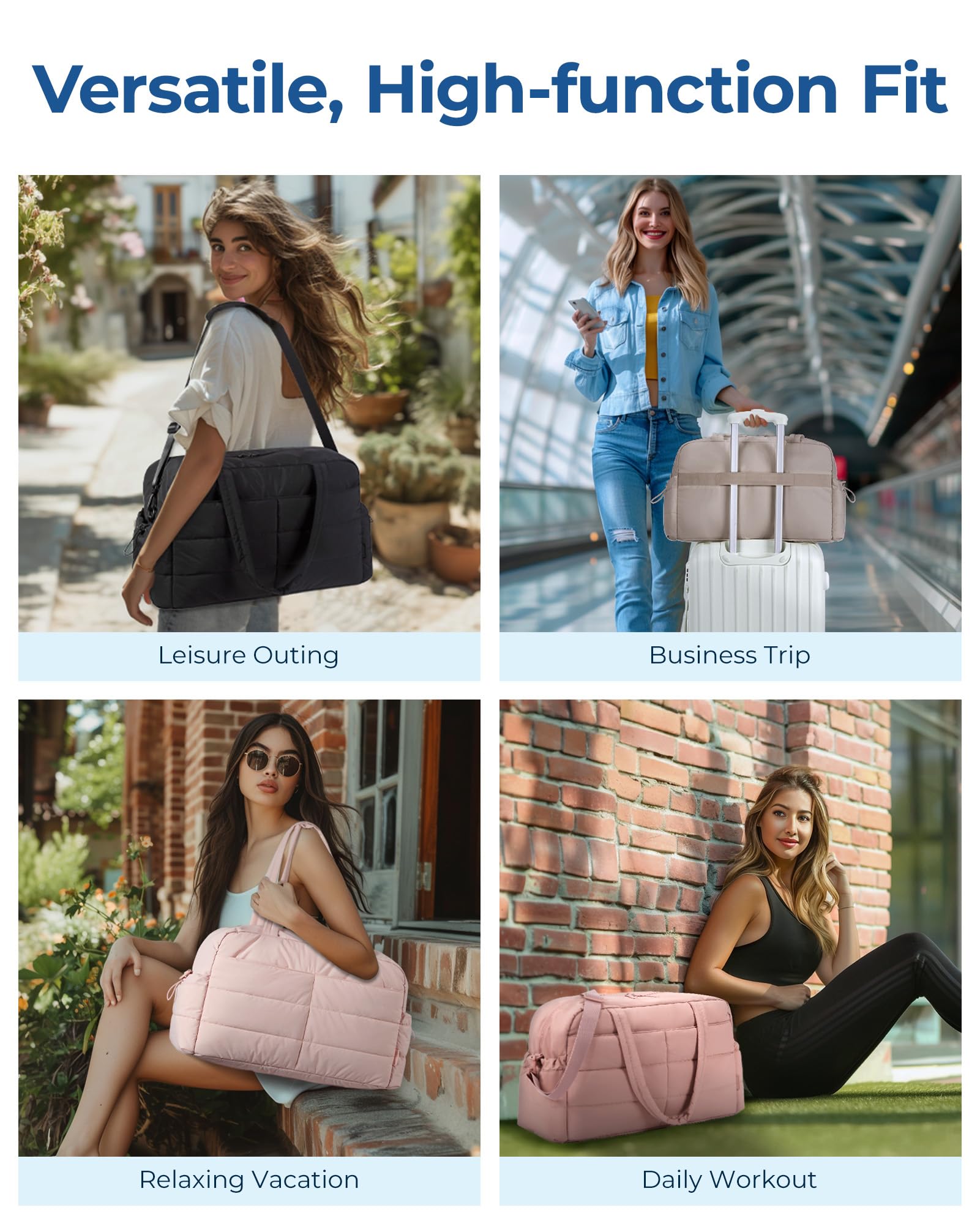 BAGSMART 31L Quilted Puffer Duffle Bag for Women - Gym, Travel & Weekender Overnight Bag with Laptop Compartment | Perfect for Workouts, Business Trips & Weekend Getaways (Khaki)