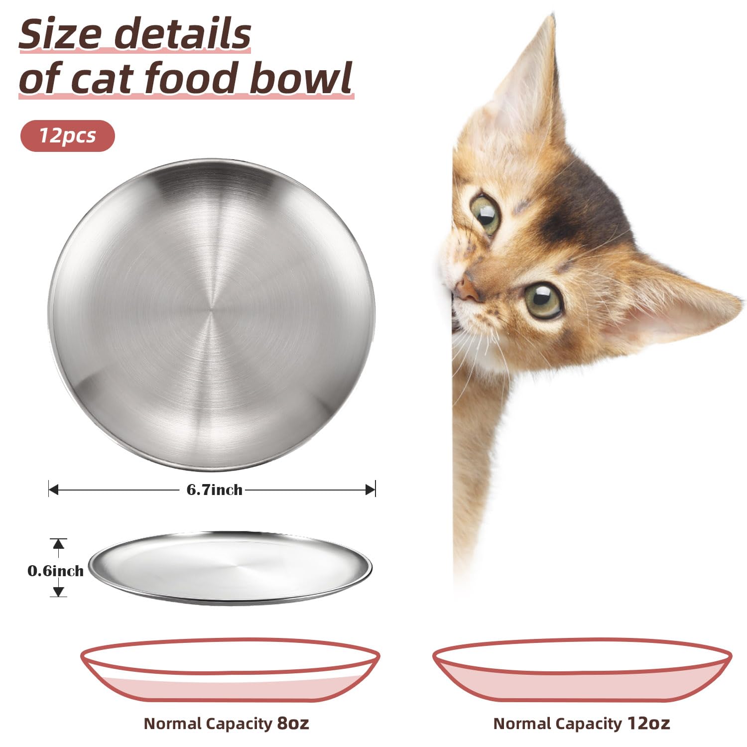 12-Piece Stainless Steel Cat Food Bowls Set - 6.7 Inch Small Shallow Wet Food Dishes for Kittens, Ferrets & Stray Cats - Durable Pet Feeding Bowls for Home, Travel & Outdoor Use