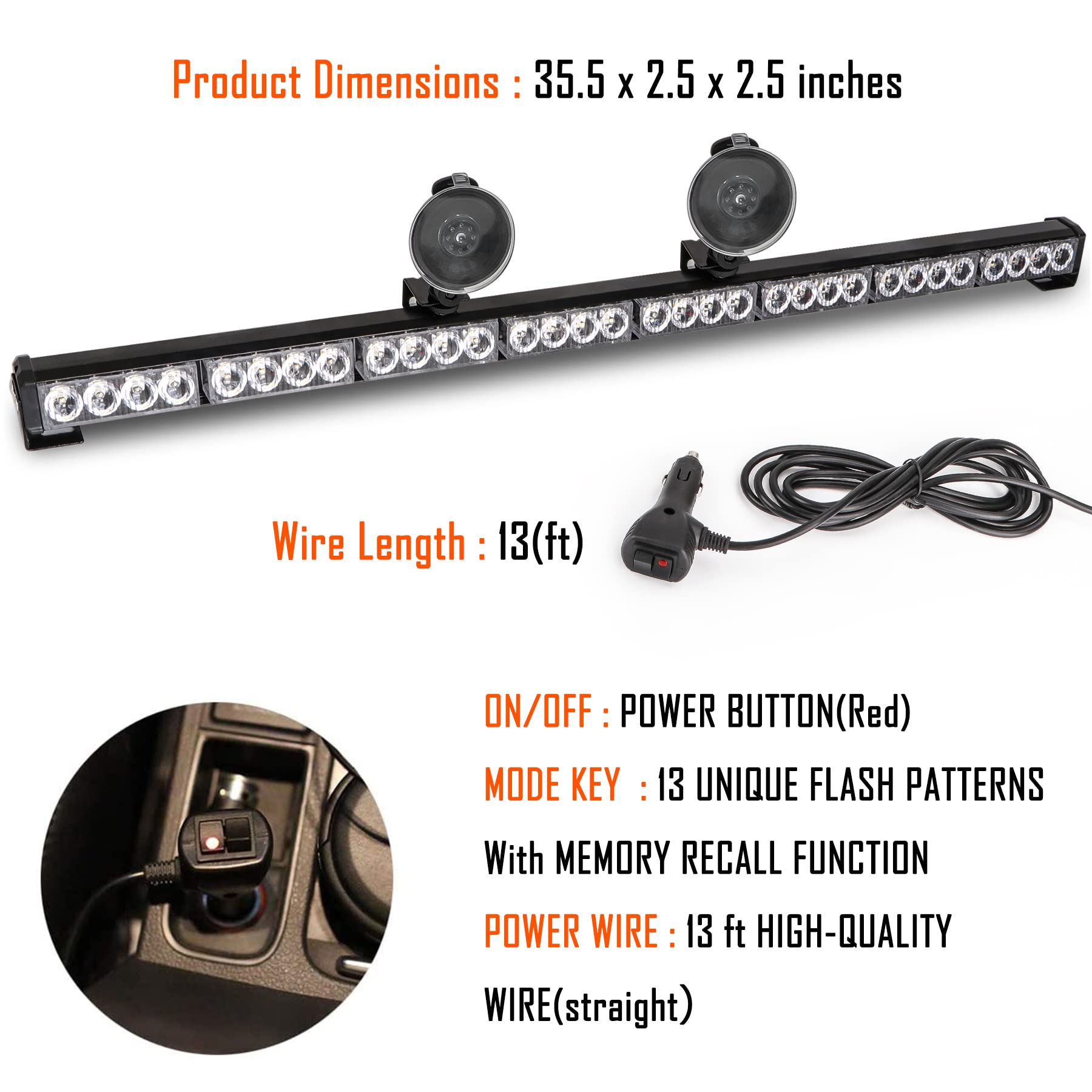 LE-JX 36in Blue Emergency Strobe Light Bar - 13 Flash Patterns, Traffic Advisor & Hazard Warning Light for Police Vehicles, Trucks & Emergency Use - 32 LED Windshield Safety Lights with Cigar Lighter (35.5in) - Perfect for Roadside Emergencies, Construction Zones & Security Patrols