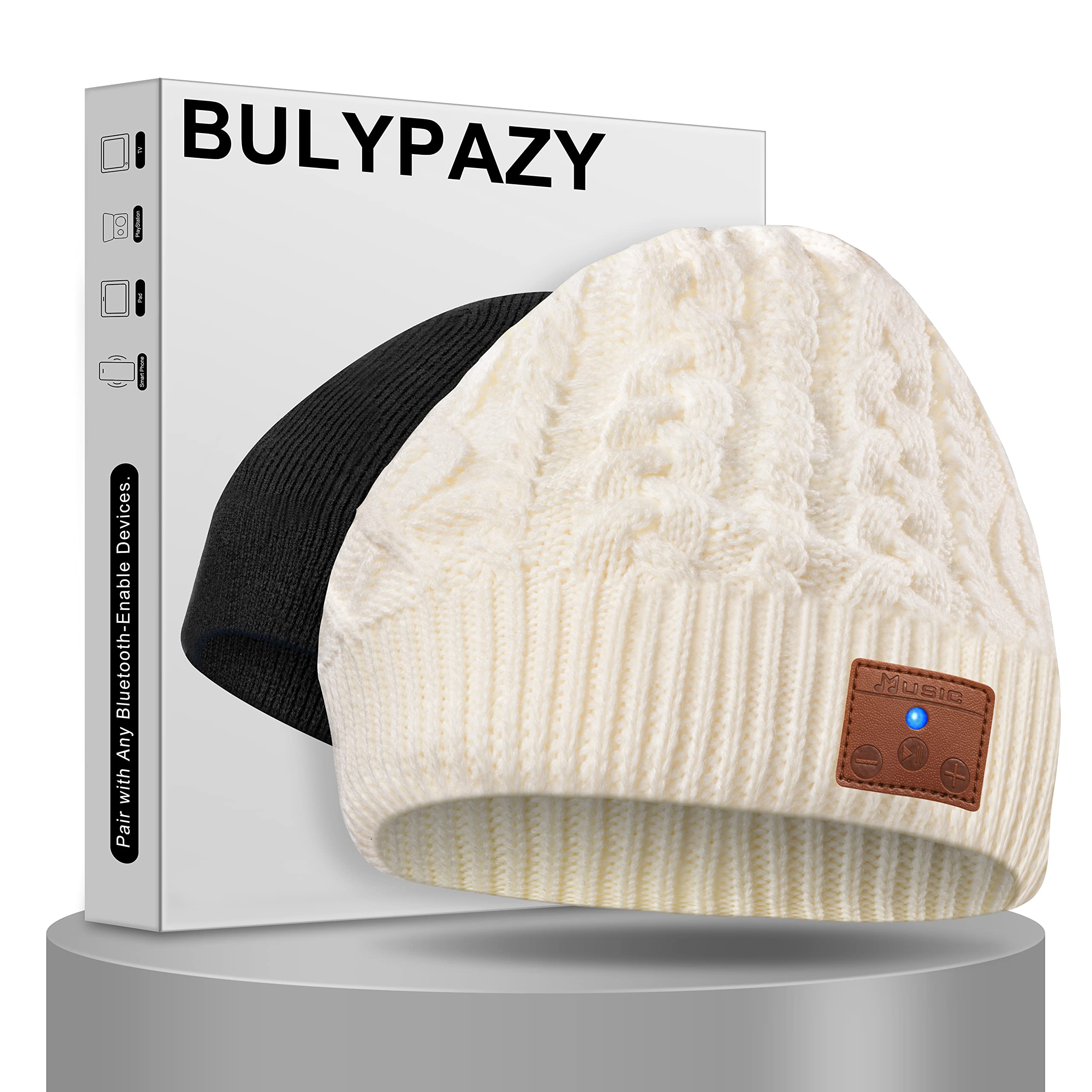 Wireless Bluetooth Beanie Hat with Built-in Headphones - Double Fleece Lined Winter Hat for Men & Women - Perfect Tech Gift for Teens & Adults (White) | Great for Skiing, Running, Commuting & Outdoor Activities