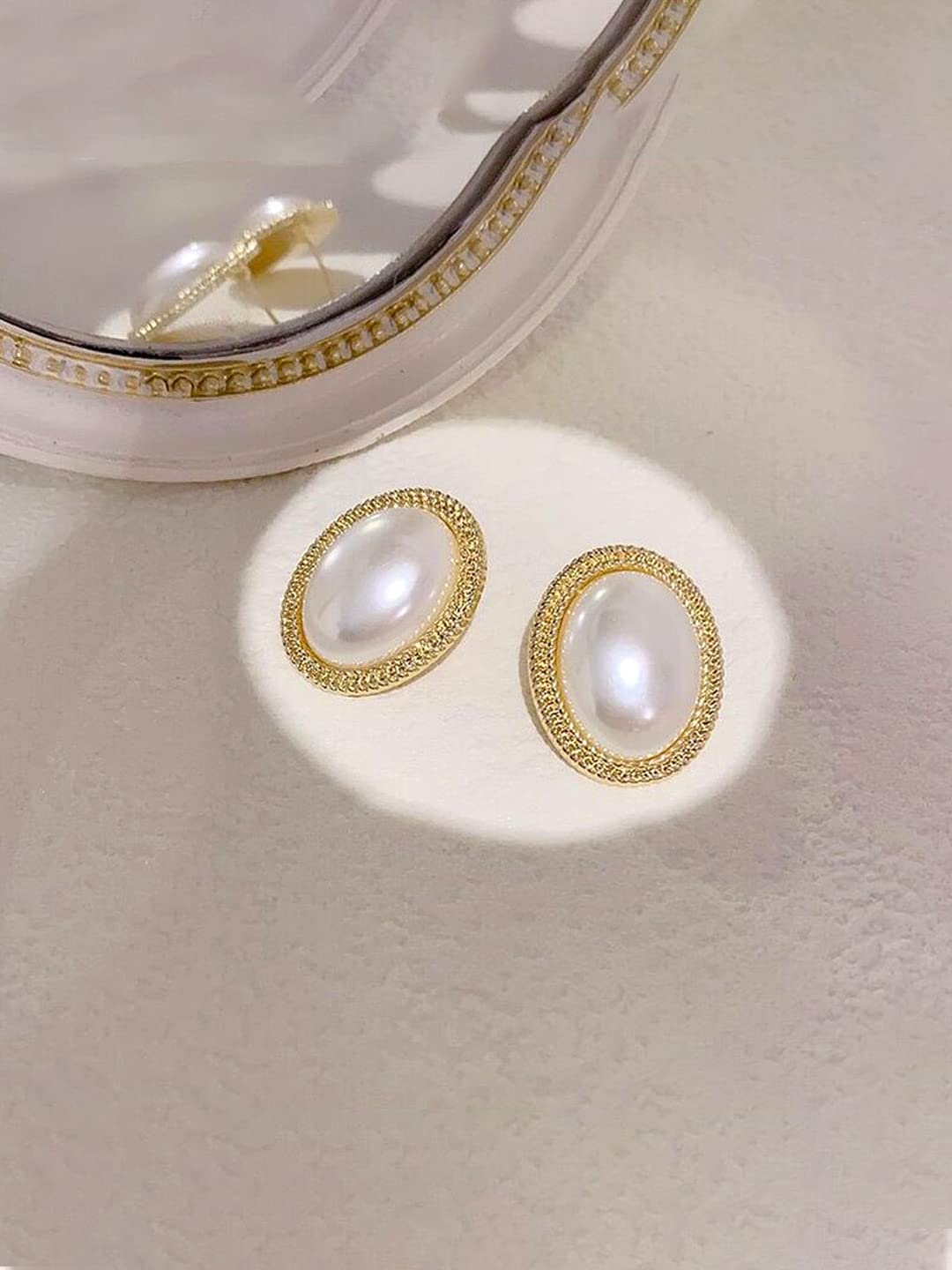 Elegant Gold-Toned Yellow Chime Pearl Stud Earrings for Women & Girls | Oval Shape Fashion Jewelry | Perfect for Parties, Weddings & Daily Wear