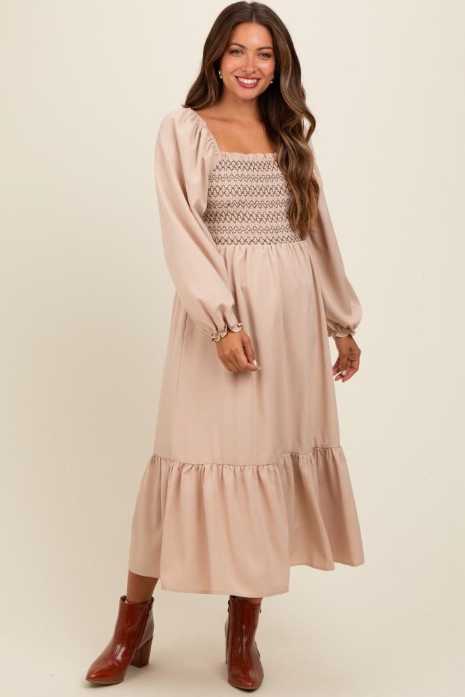 Beige Contrast Smocked Balloon Sleeve Maternity Midi Dress for Pregnancy Photos, Baby Showers & Special Occasions