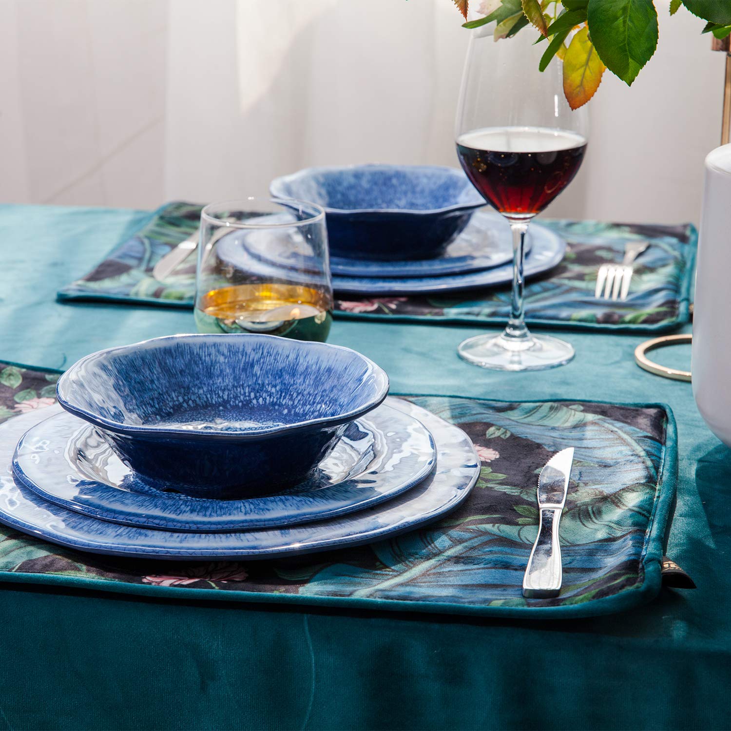 12-Piece Blue Melamine Dinnerware Set - Shatterproof, Dishwasher Safe Plates & Bowls - Perfect for Indoor Dining, Outdoor Picnics, Camping & Parties