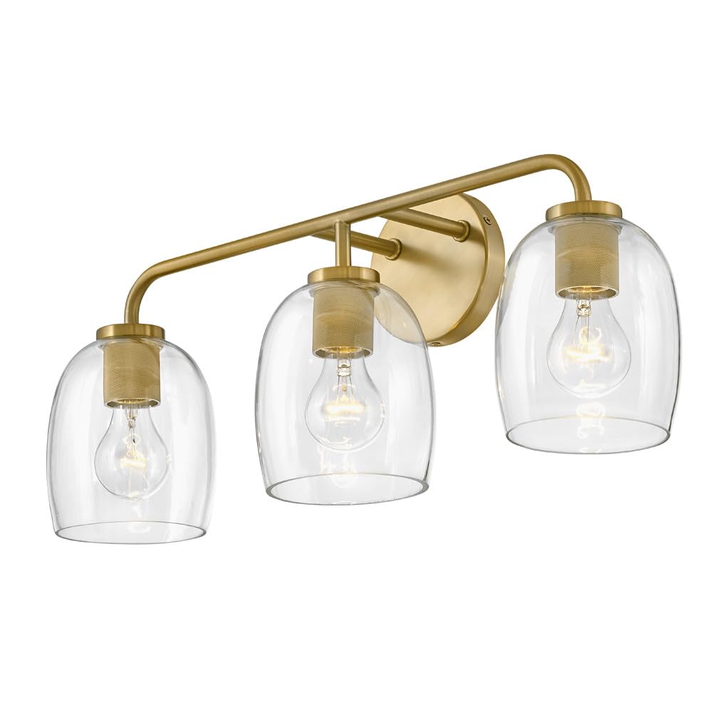Lark Percy 85013LCB 3-Light Bathroom Vanity Light Fixture - Transitional Style, Bell-Shaped Clear Glass Shade, Up or Down Mount - Lacquered Brass Finish - Perfect for Bathroom, Powder Room & Dressing Area Lighting