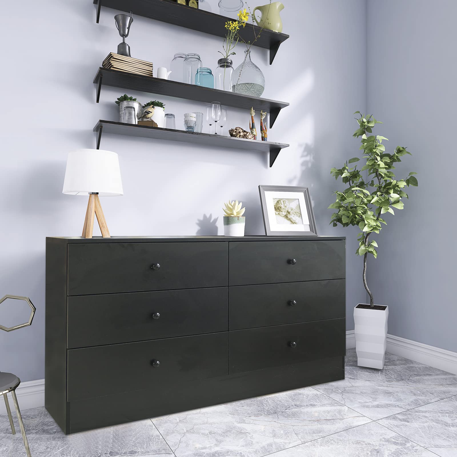 SSLine 6-Drawer Double Dresser - Modern Wooden Chest of Drawers for Bedroom, Living Room & Nursery - Wide Storage Cabinet Organizer for Clothes, Cosmetics & Accessories (Black) - Perfect for Small Space Organization & Home Decor