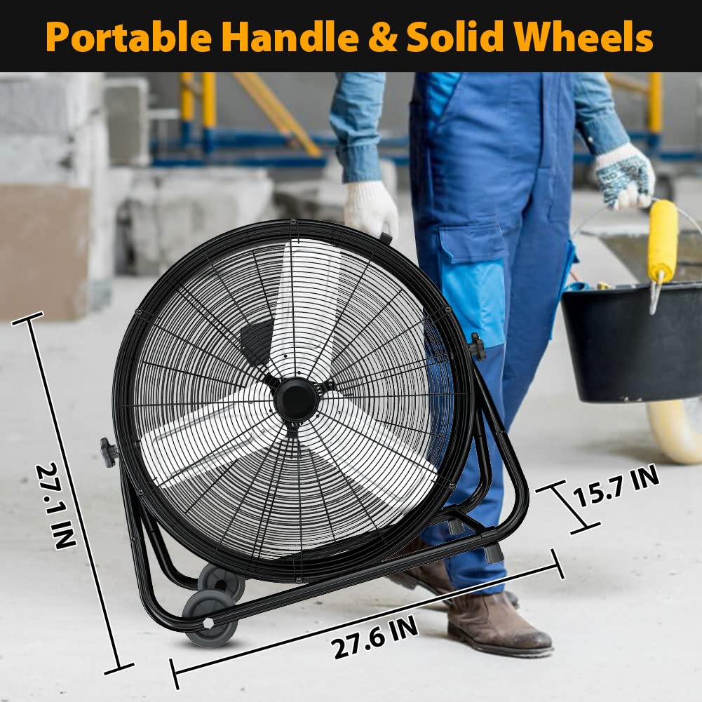 LifePlus 24 Inch Industrial Drum Fan - High Velocity Floor Fan with 3 Speed Settings, Heavy Duty Metal Air Circulator, 360° Tilt & Casters Handle (ETL Certified) - 8900 CFM for Warehouse, Patio, Commercial Use & Home Cooling