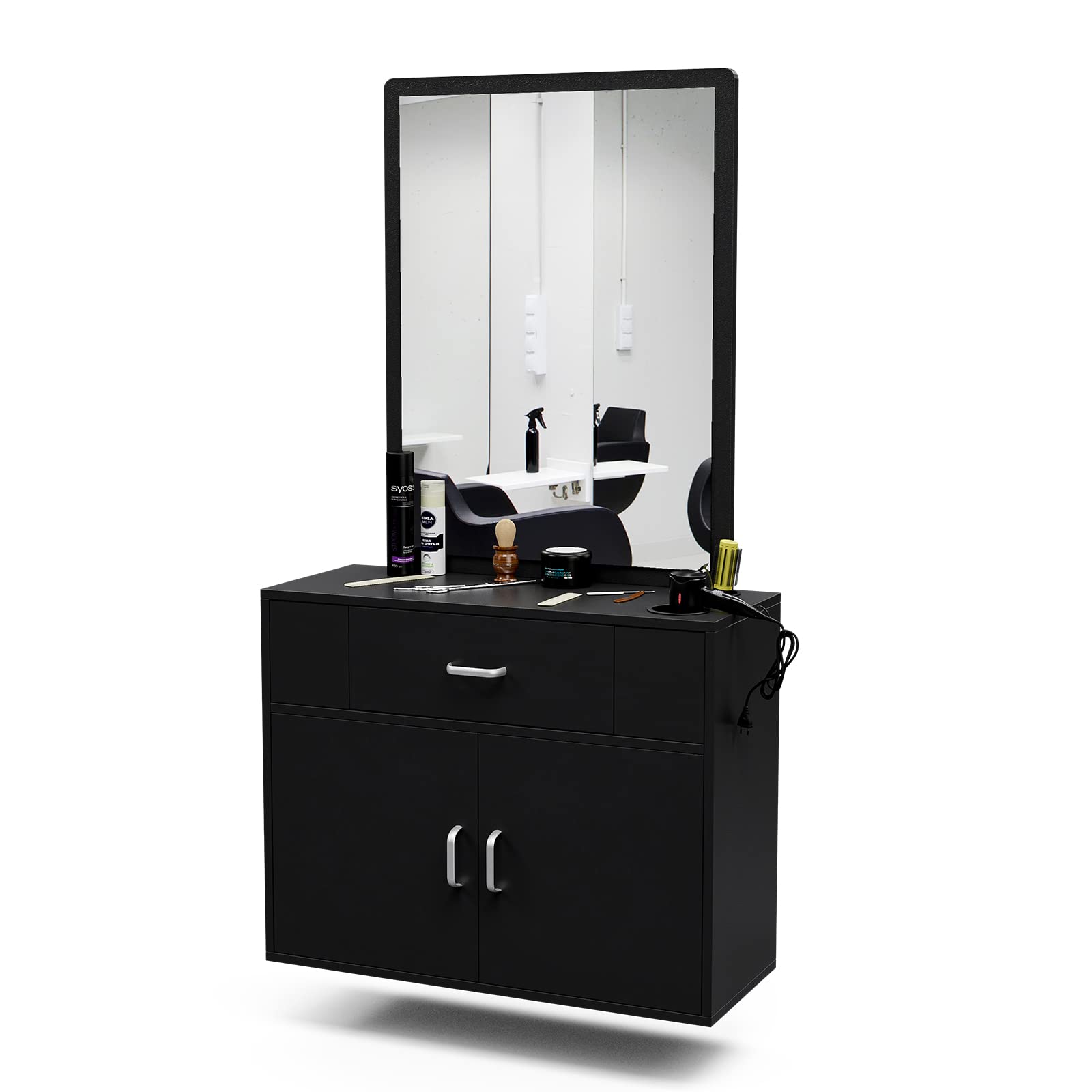 Wall Mount Salon Station with Mirror - Professional Styling & Barber Station for Spa & Salon - Includes Appliance Holders, Drawer & Storage Cabinet (Black) - Perfect for Hair Styling, Makeup Application & Salon Organization