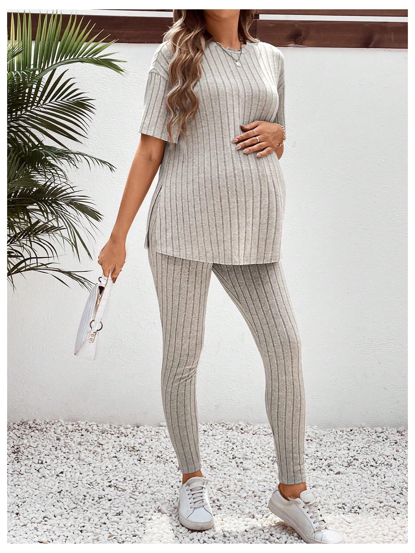 MakeMeChic Women's Maternity 2-Piece Pajama Set - Soft Rib Knit Split Tee Top & Lounge Pants for Pregnancy Comfort - Perfect for Sleeping, Relaxing at Home & Postpartum Recovery