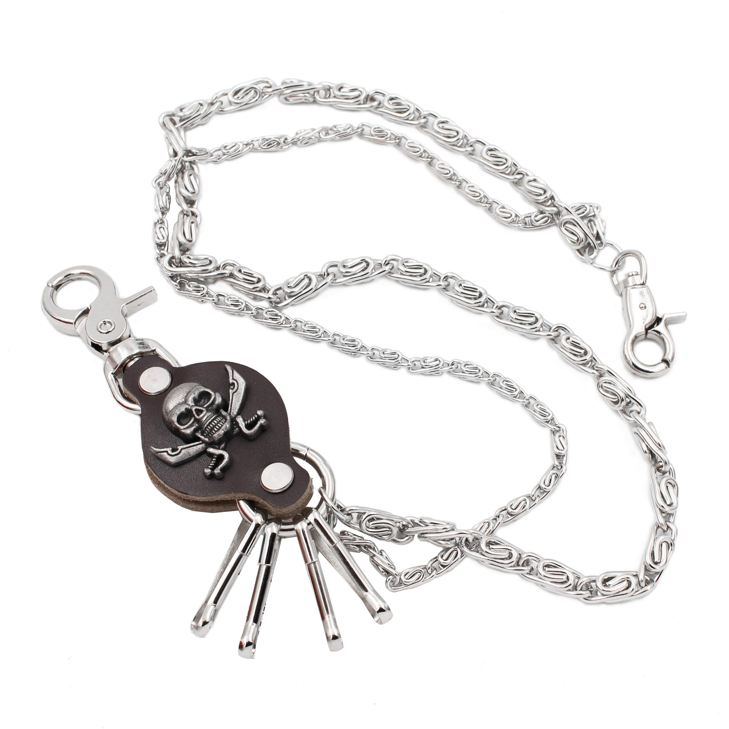 Round Skull Sword Charm Double Wallet Chain - Punk Biker Keychain for Men & Women - Brown Leather Key Ring - Perfect for Motorcycle Keys, Wallets & Backpacks