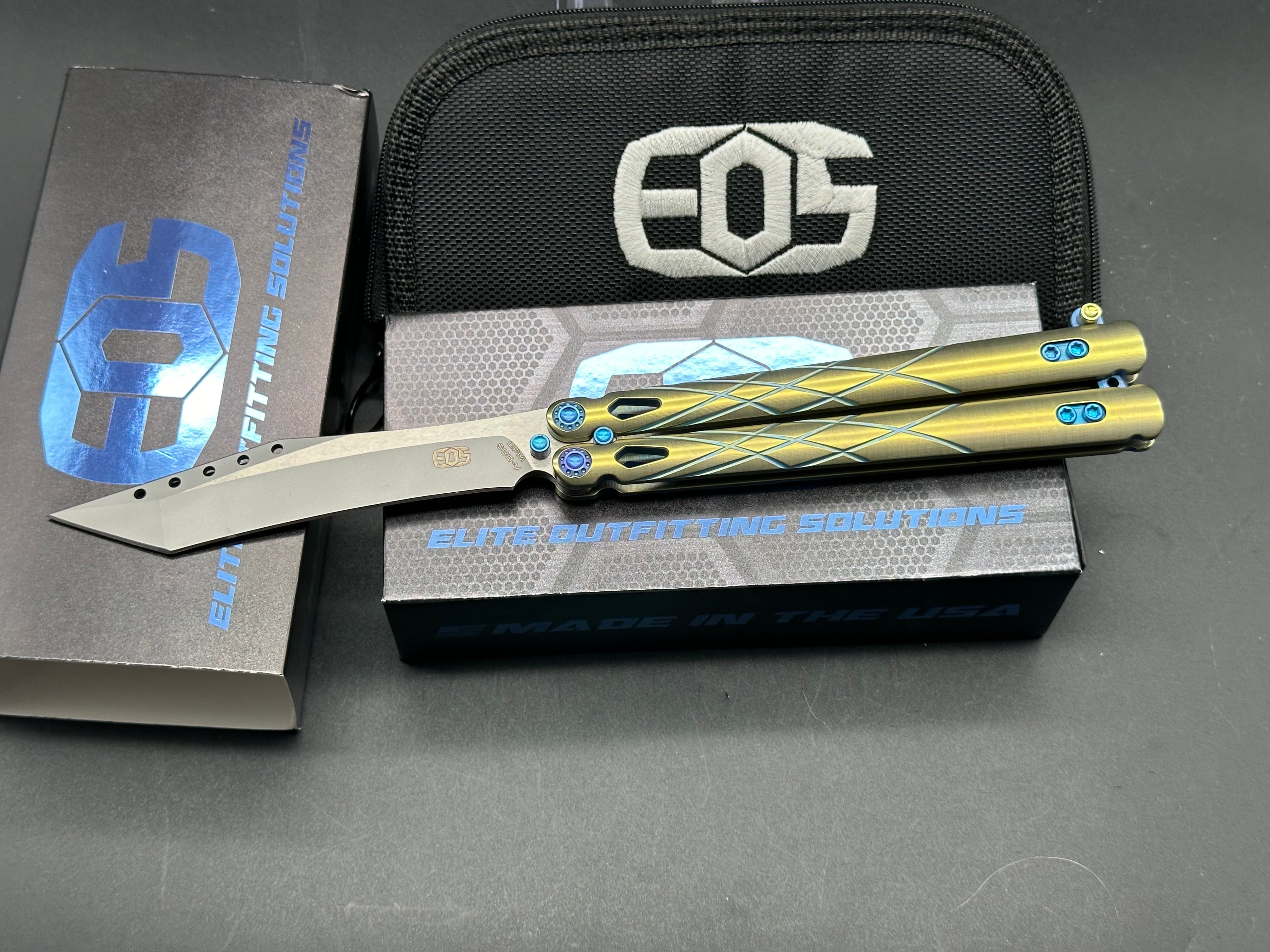 Premium EOS Villian Balisong Butterfly Knife - Gold Titanium Handles, Blue Latch Hardware, Recurve Tanto Blade in Sasha Satin CPM S30V Steel | Perfect for Collectors, EDC Carry & Tactical Enthusiasts