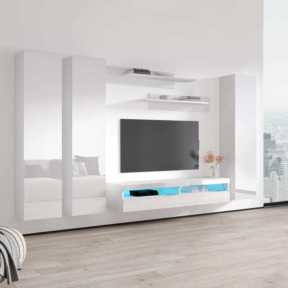 Modern White Wall-Mounted TV Stand with Storage Shelves & LED Lights - Floating Entertainment Center Console for Bedroom & Living Room - Perfect for Small Spaces & Home Theater Setup - Meble Furniture Fly CD1 35TV Stand