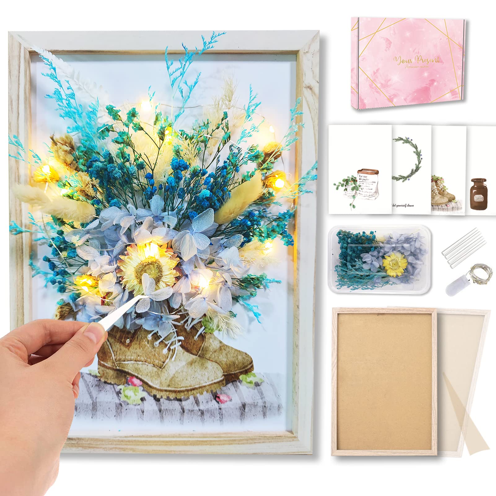 Alinwu DIY Dried Flower Frame Kit - Natural Pressed Flowers for Home Decor, Wall Art & Craft Projects - Includes Blue Flowers & Frame - Perfect for Bedroom, Office Desk & Wedding Decorations