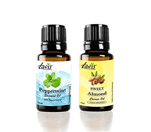 Tavis 100% Pure Peppermint Essential Oil & Sweet Almond Carrier Oil Set - Aromatherapy, Massage, Skin & Hair Care