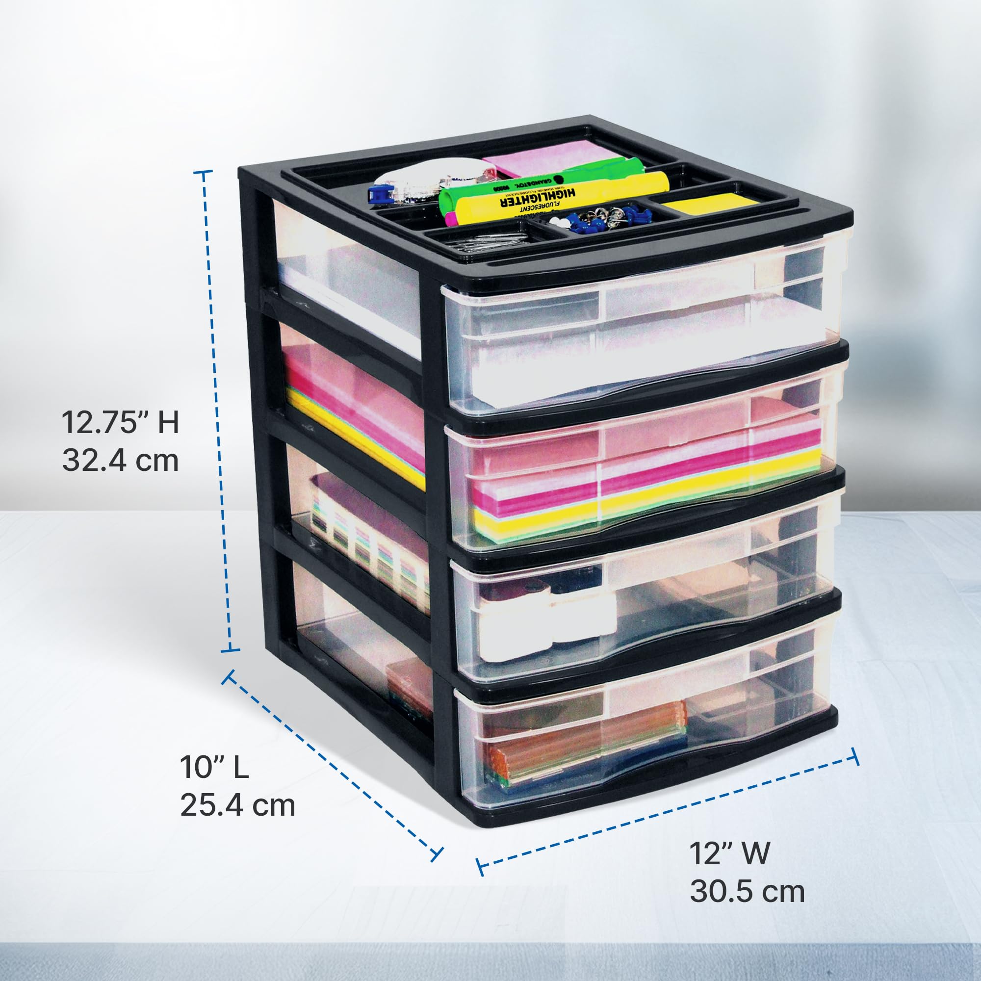 Gracious Living 4-Drawer Desktop Organizer - Black/Clear Storage Box for Office, School & Craft Supplies (4-Pack) | Perfect for Desk Organization, Classroom Storage & Craft Room Accessories