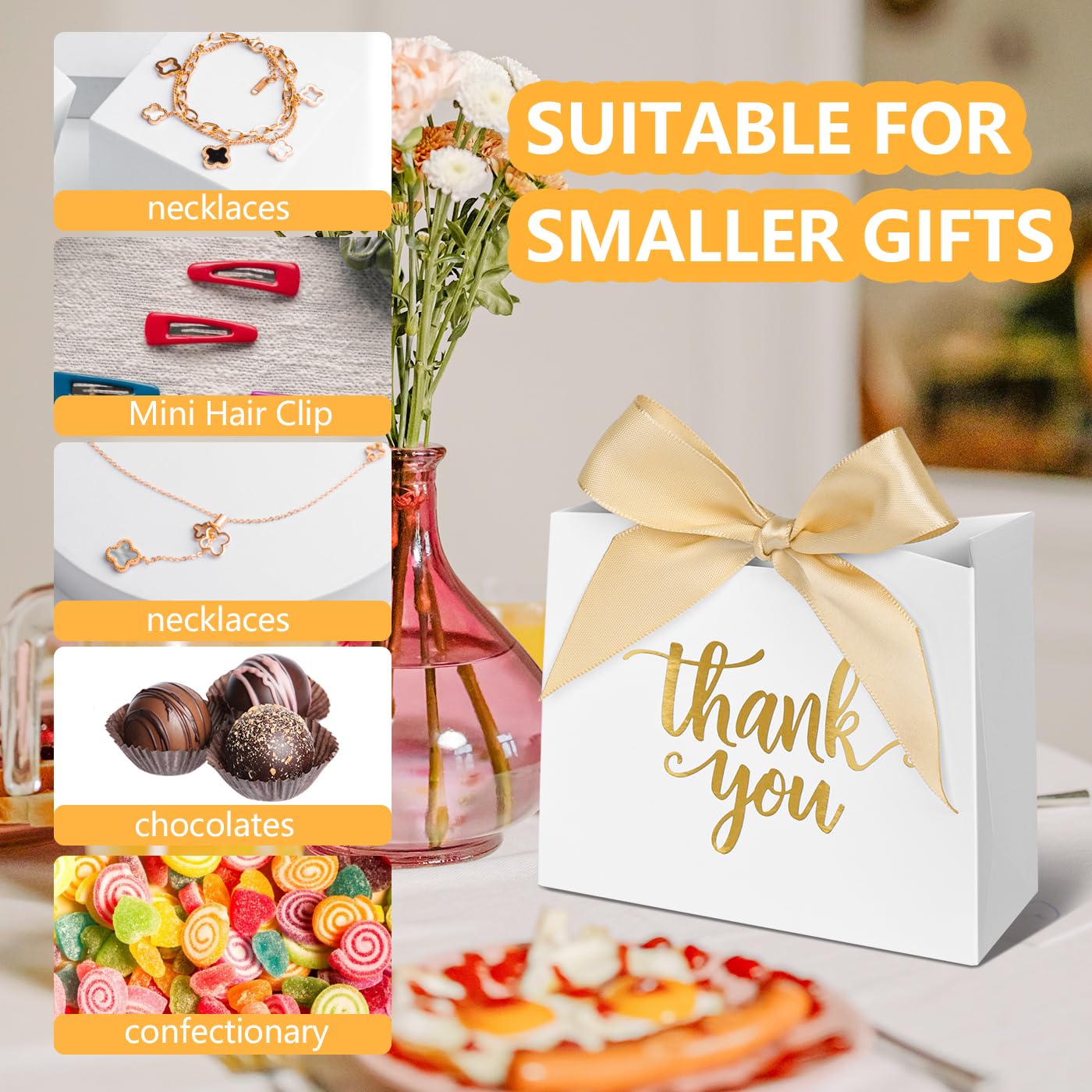 60 Pack Small Thank You Bags - Elegant White Favor Bags for Weddings, Baby Showers & Party Favors - DECHISY
