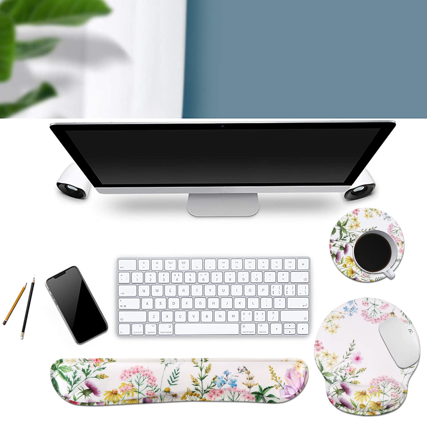 Ergonomic Mouse Pad with Wrist Support & Keyboard Wrist Rest Set - Non-Slip Base for Computer, Laptop, Home & Office Use - Wild Flowers Design for Pain Relief & Comfortable Typing - Perfect for Gaming, Work & Long Computing Sessions