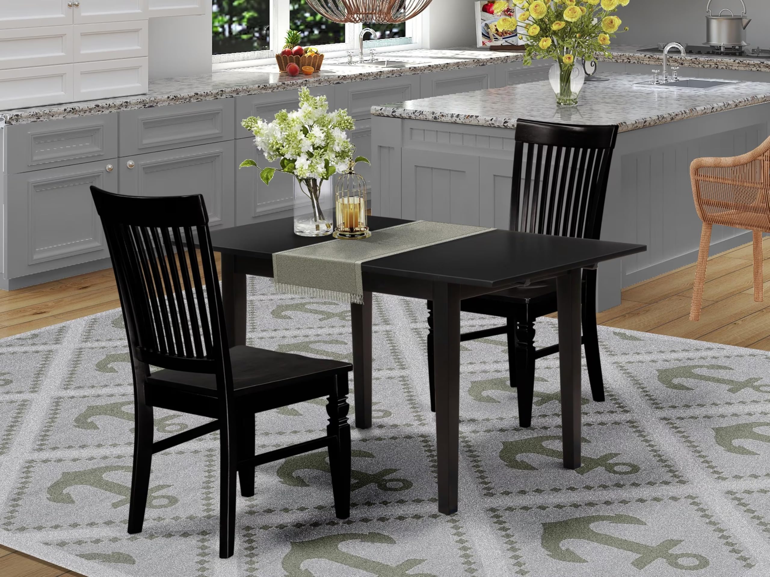 East West Furniture 3-Piece Dining Room Table Set with Butterfly Leaf - Rectangle Kitchen Table & 2 Chairs, 32x54 Inch, Black | Perfect for Small Spaces, Breakfast Nooks & Compact Apartments
