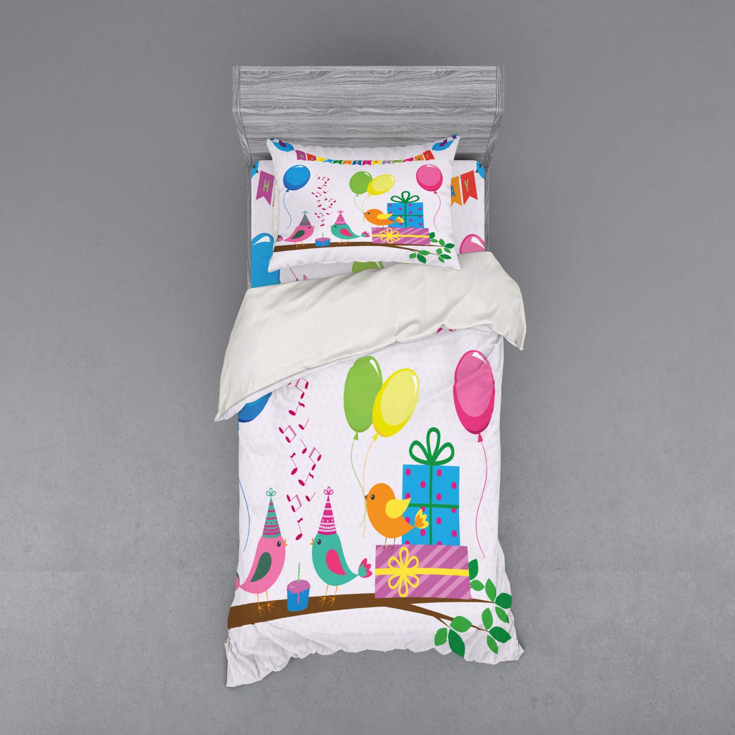 Ambesonne 3-Piece Twin Size Birthday Party Duvet Cover Set - Singing Birds, Happy Birthday Song, Flags & Party Cake Celebration Design - Includes Sham & Fitted Sheet - Perfect for Birthday Decorations & Themed Bedroom Makeovers