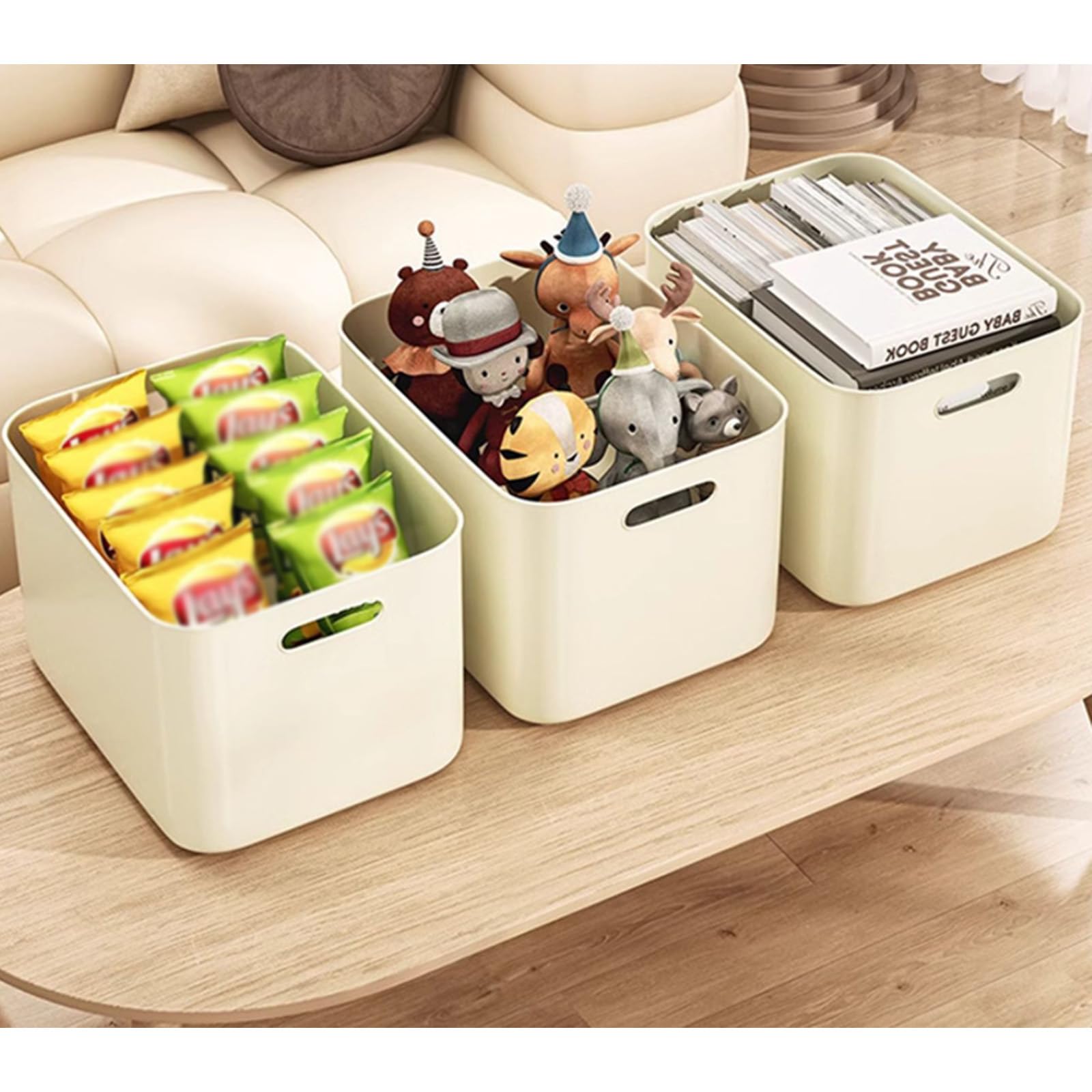 Stylish Cream Desktop Organizer with Lid - Perfect for Snacks, Cosmetics & Office Supplies | Dormitory & Home Storage Solution | Japanese Plastic Storage Bins for Desk Organization