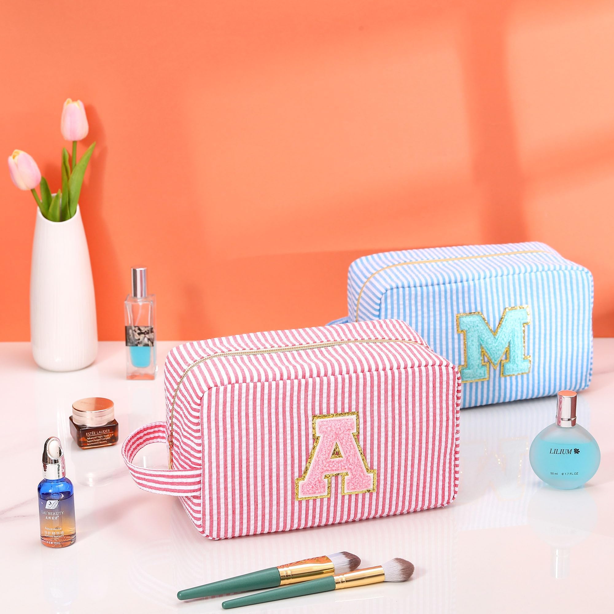 Personalized Monogrammed Initial Makeup Bag - Custom Preppy Striped Toiletry Pouch for Teen Girls | Perfect Birthday Gift for Her | Great for Travel, School & Cosmetics Storage (Pink)