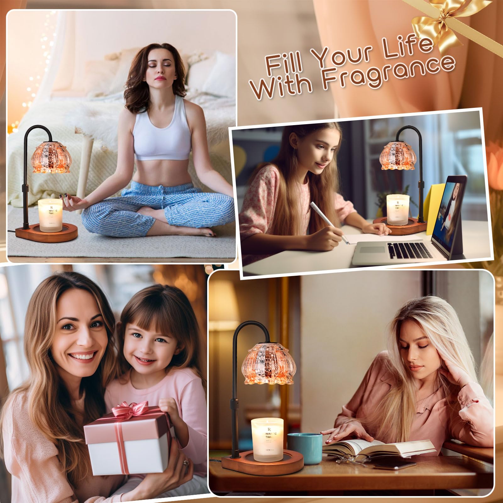 Adjustable Height Dimmable Candle Warmer Lamp with Timer - Electric Jar Candle Warming Light Holder for Home Decor, White-Orange - Perfect for Living Room, Bedroom, Office & Gift for Women